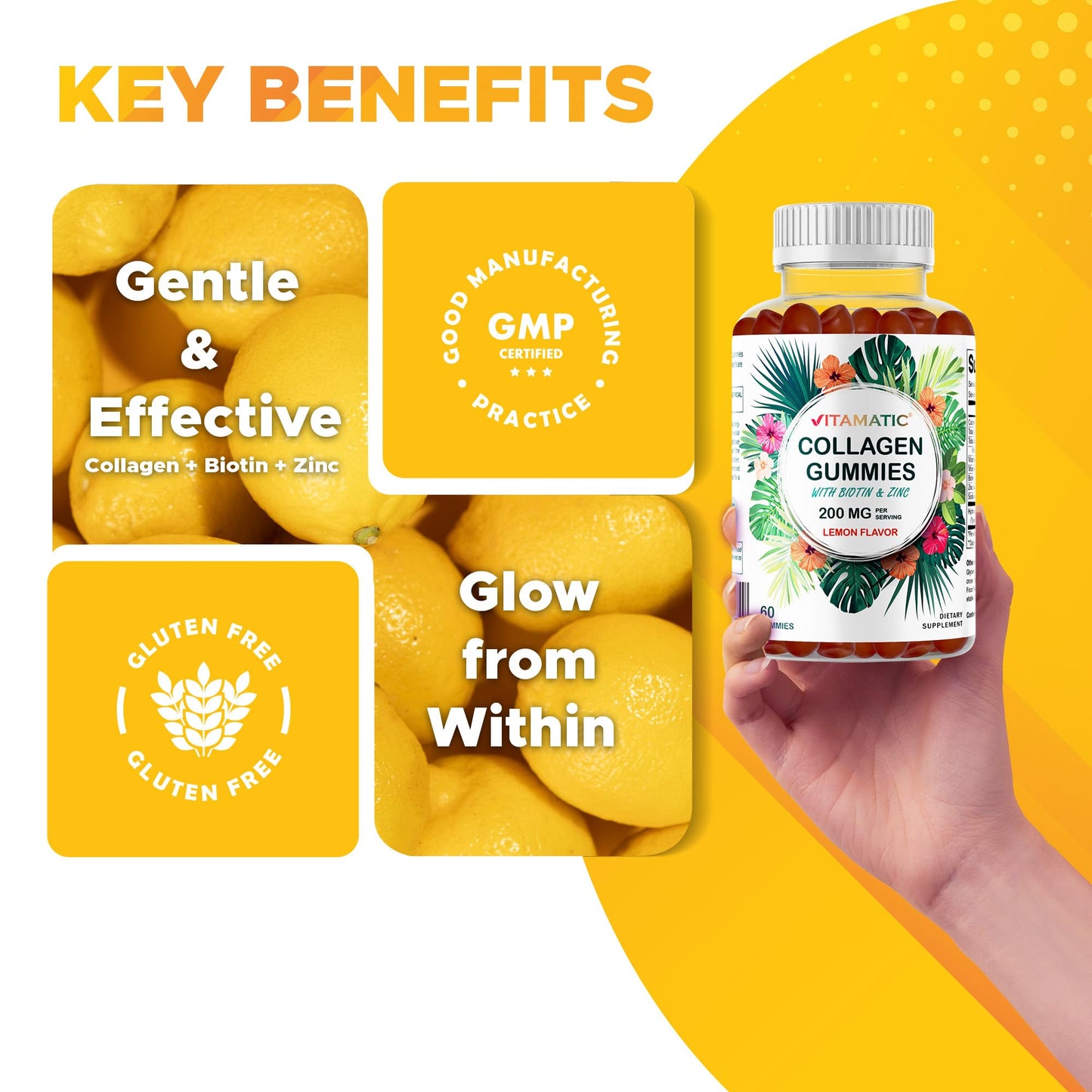 Vitamatic Hydrolyzed Collagen Gummies with Vitamin C, Zinc and Biotin, 200 mg - Healthy Skin Support, 240 Gummies