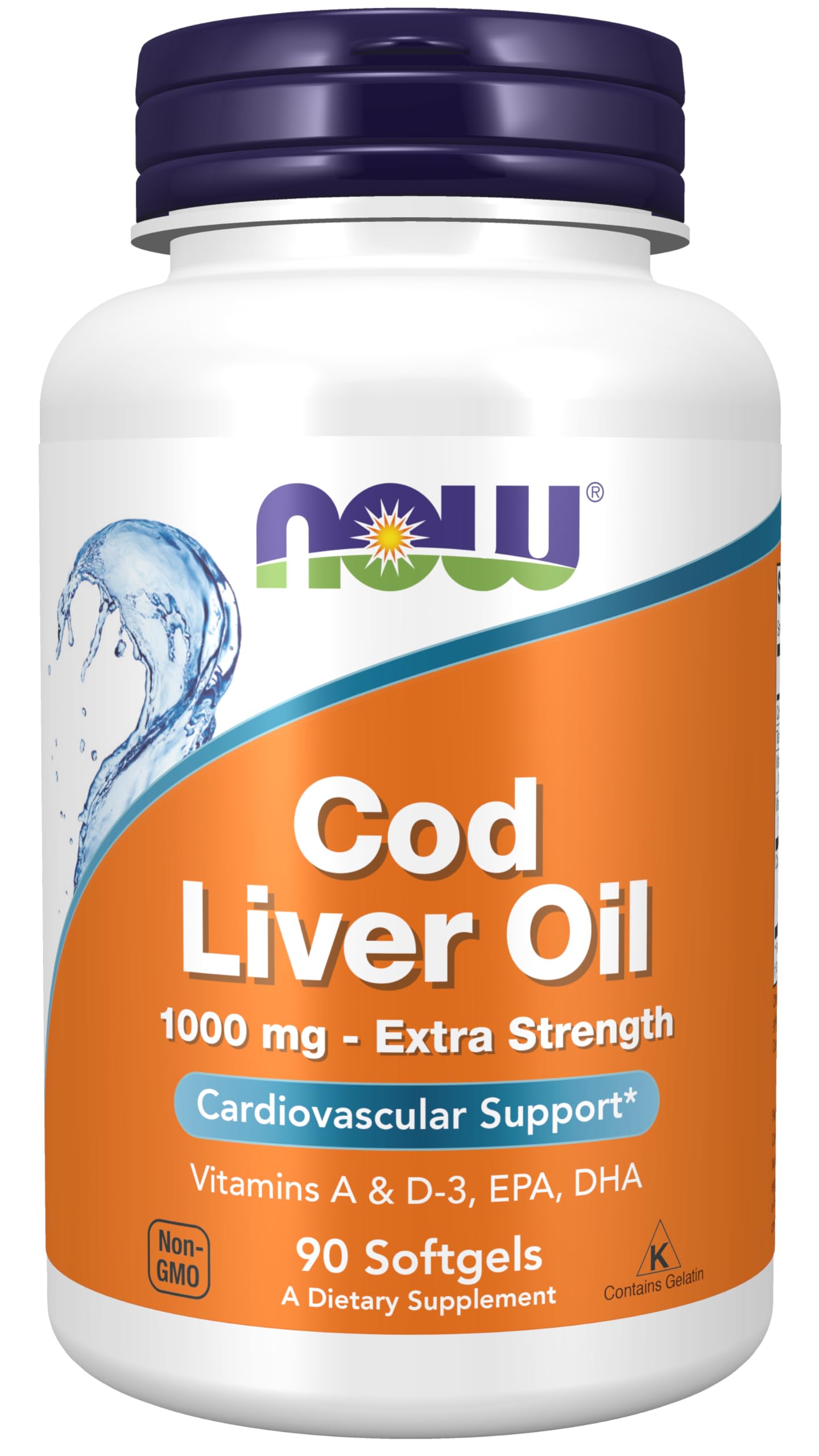 NOW Foods Cod Liver Oil Extra Strength 1,000 mg with Vitamins A & D-3, EPA, DHA Softgel 90 Count