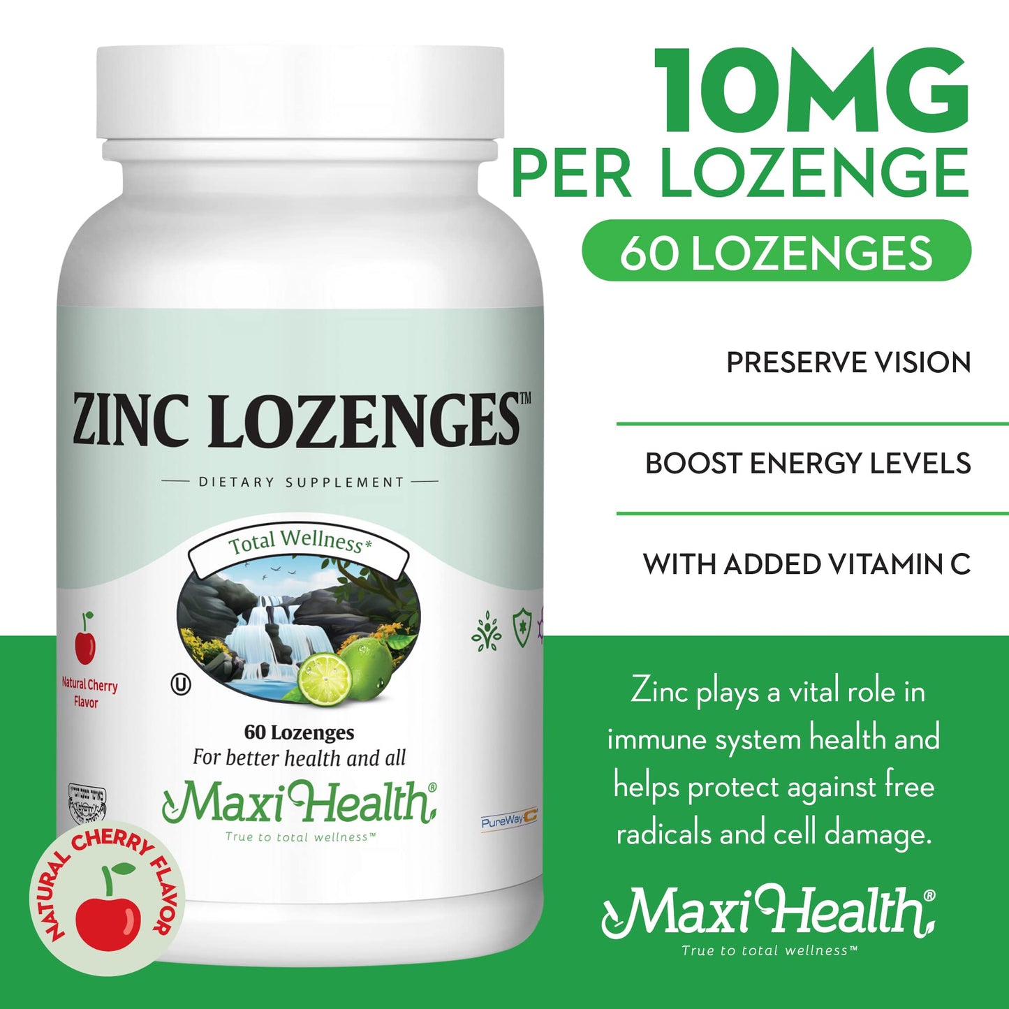 Maxi Health Zinc Lozenges with Zinc Citrate 10mg, Vitamin C, Cherry Flavor, 60 Count