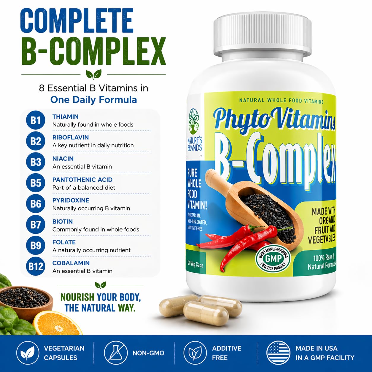 Nature's Brands Organic Whole Food Vitamin B-Complex Capsules 120 Count