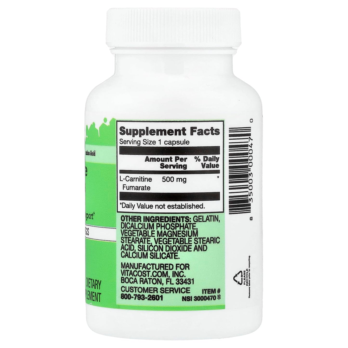 Vitacost L-Carnitine Fumarate 500 mg Capsules, 60 Capsules