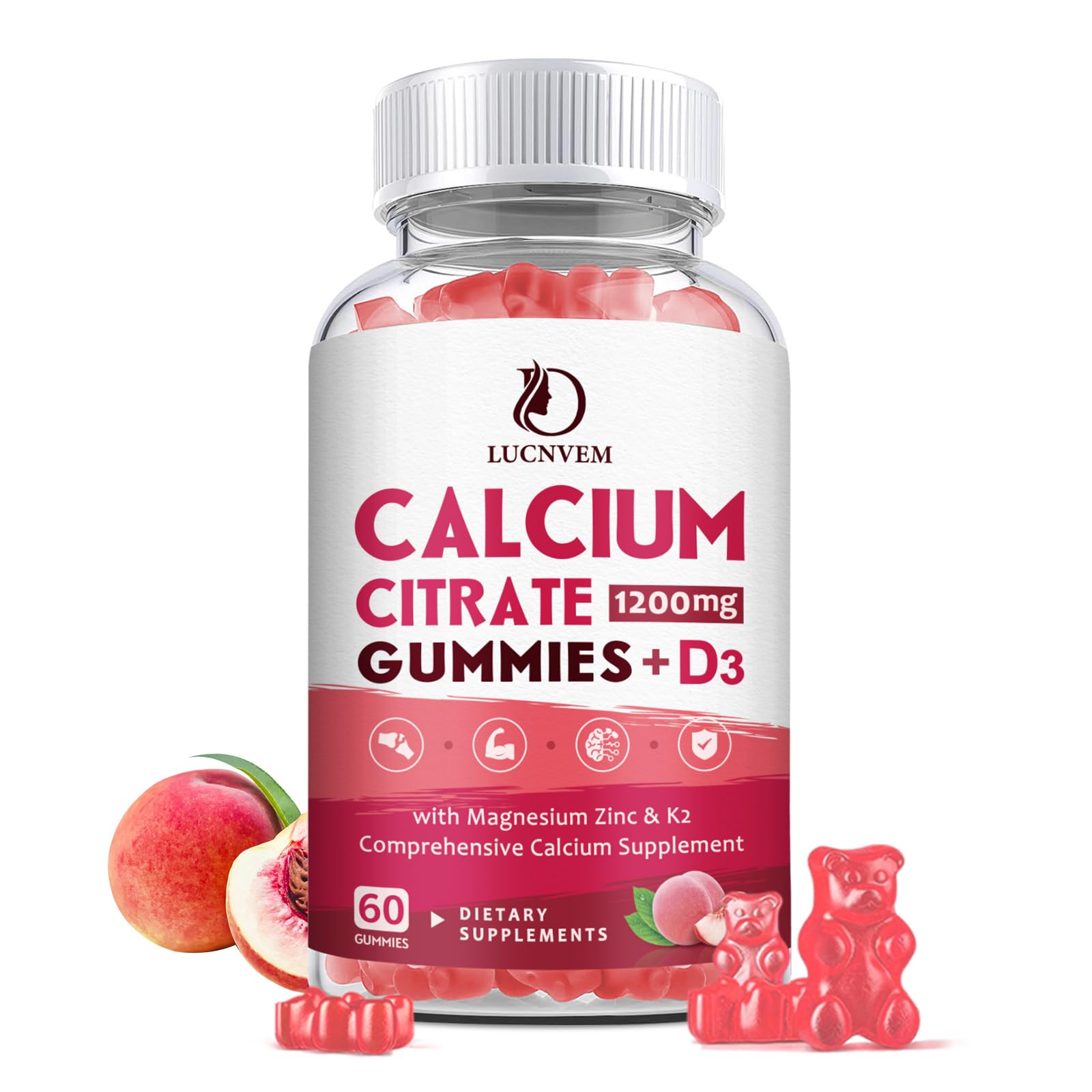 LUCNVEM Calcium Citrate 1200mg with Vitamin D3 Gummies, 60 Count