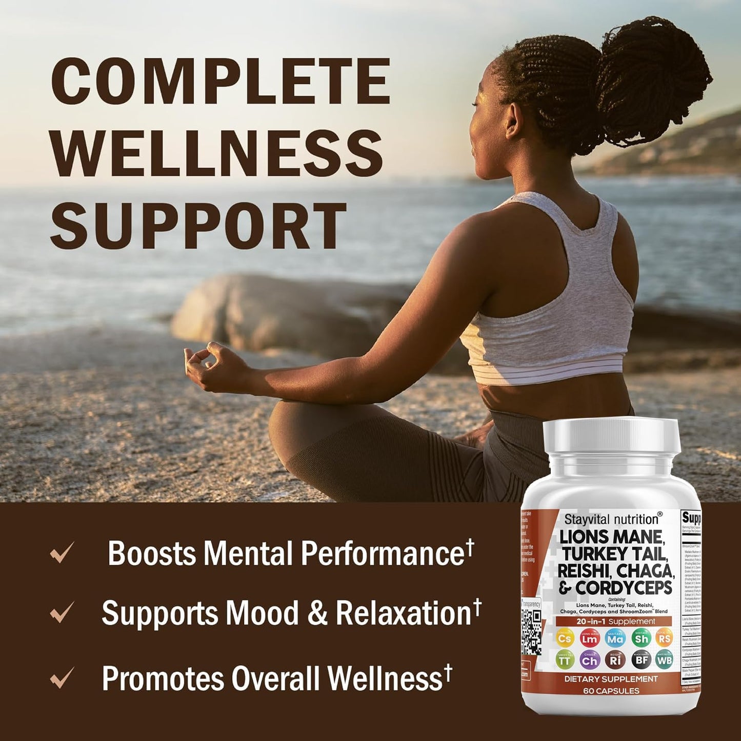 Stayvital Nutrition Organic Mushroom 20-in-1 Supplement 1200mg Vegan Capsules, 60 Capsules