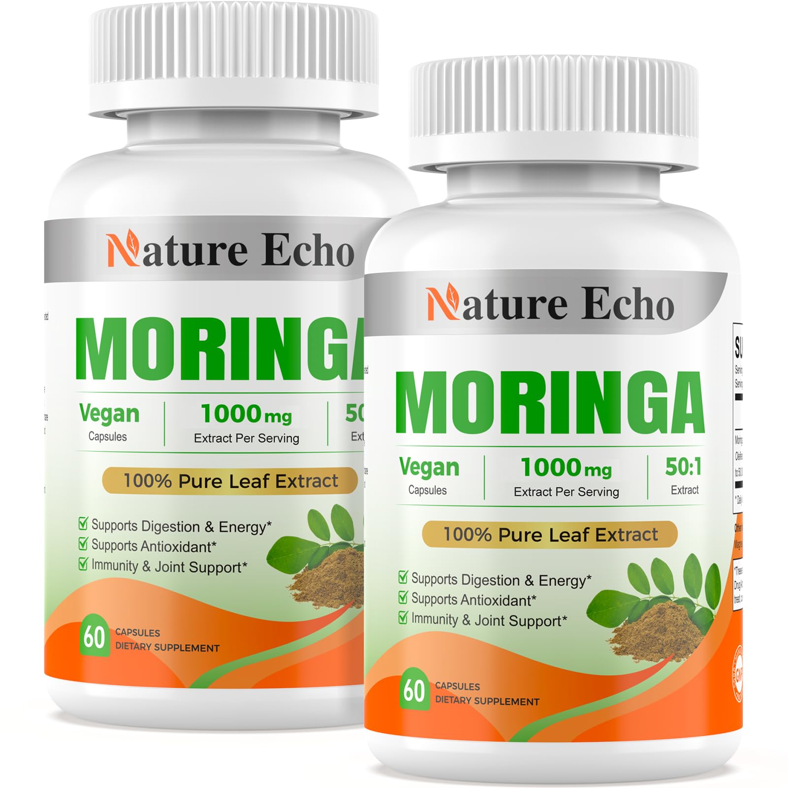 Nature Echo Moringa Capsules 1000mg 50:1 High Potency Extract, Vegan, Non-GMO, Gluten Free, 120 Capsules