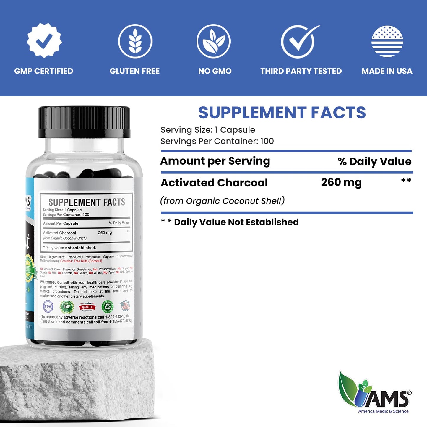 America Medic & Science Charconut 260 mg Activated Charcoal Capsule, 100 Capsules