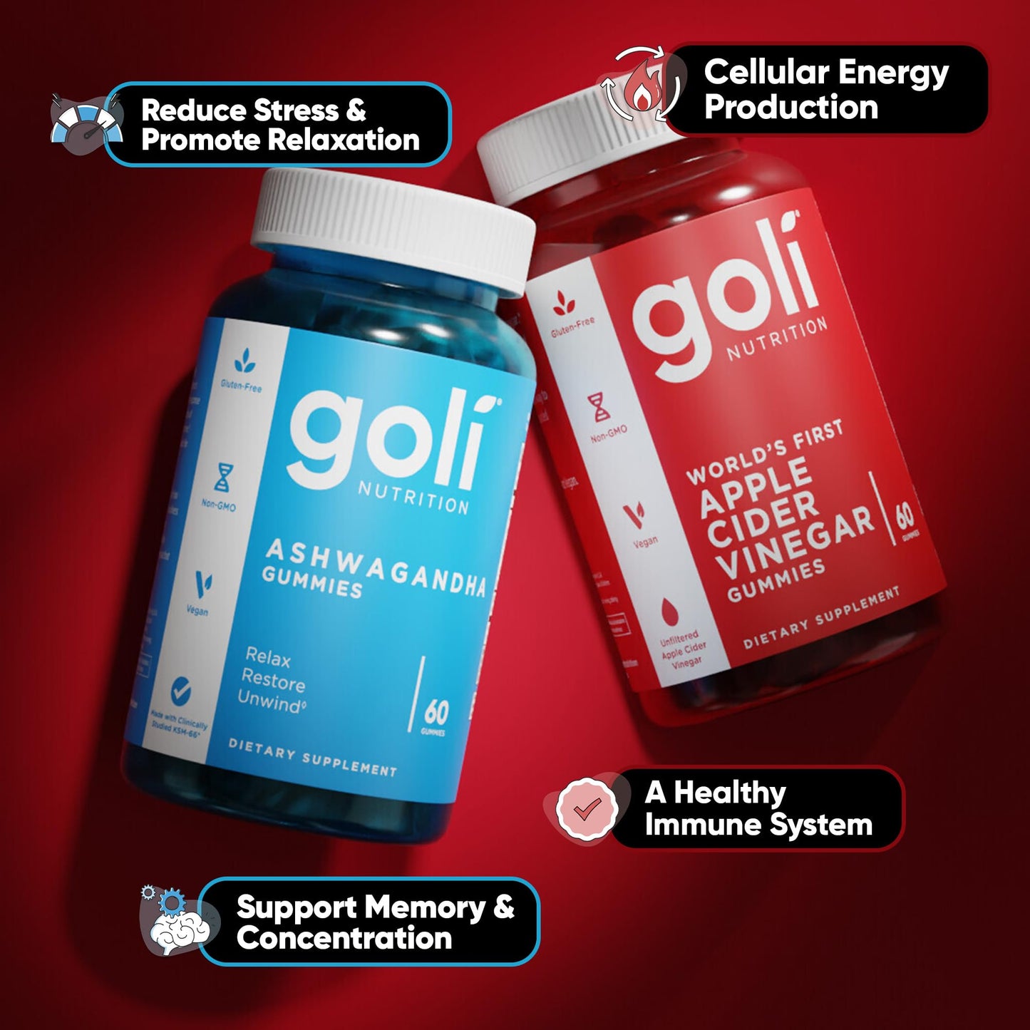 Goli Power Wellness Duo for Stress & Wellness Support – Apple Cider Vinegar & Ashwagandha Gummies with Vitamin B12 & Vitamin D, 120 Gummies