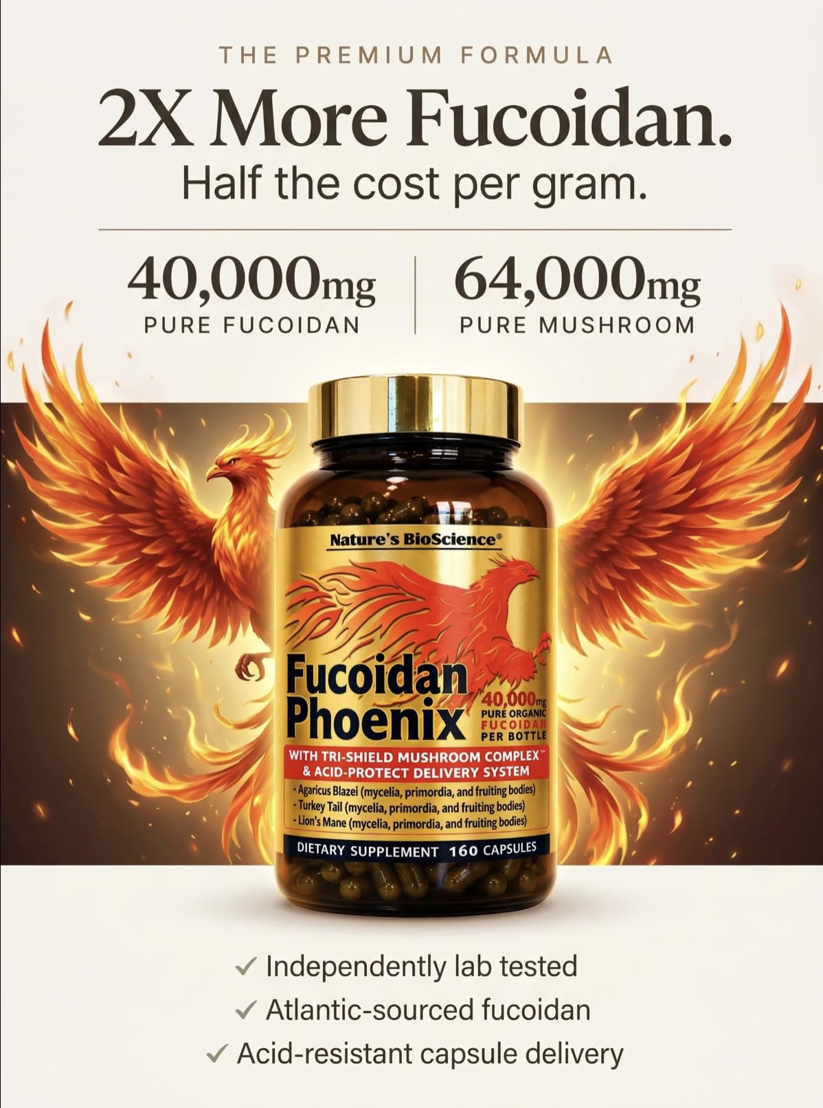 Nature's Bioscience FUCOIDAN Phoenix Advanced Pure Organic Fucoidan + Pure Mushroom Capsule, 160 Count