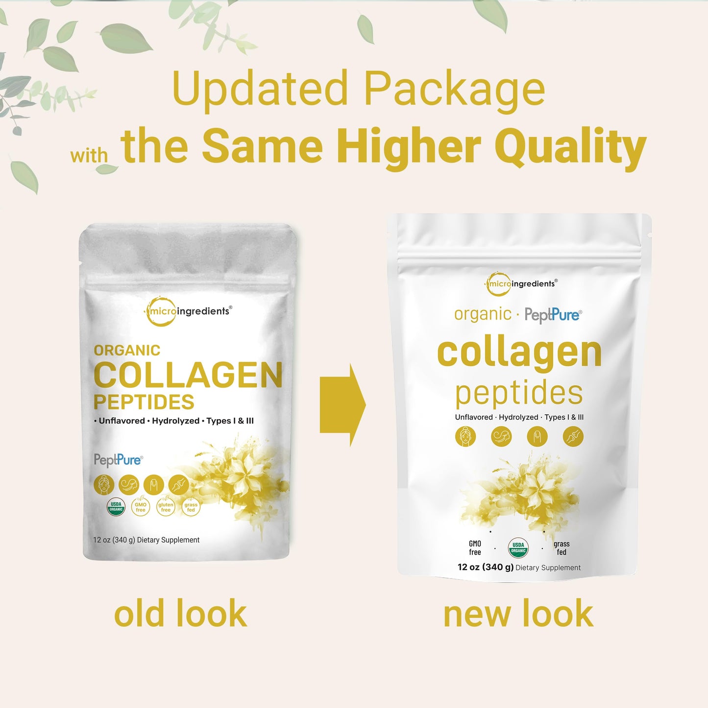 Micro Ingredients Collagen Peptides Powder Organic, 12 oz, Type I & III + Natural Protein, Grass-Fed Bovine Source, Unflavored, Non-GMO