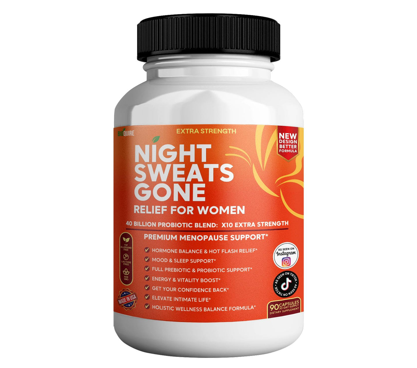BIOQUIRE Night Sweats Gone - Menopause Relief for Women | 40 Billion Probiotic Blend | Hot Flash, Mood & Sleep Support | Energy & Vitality Boost | 90 Capsules