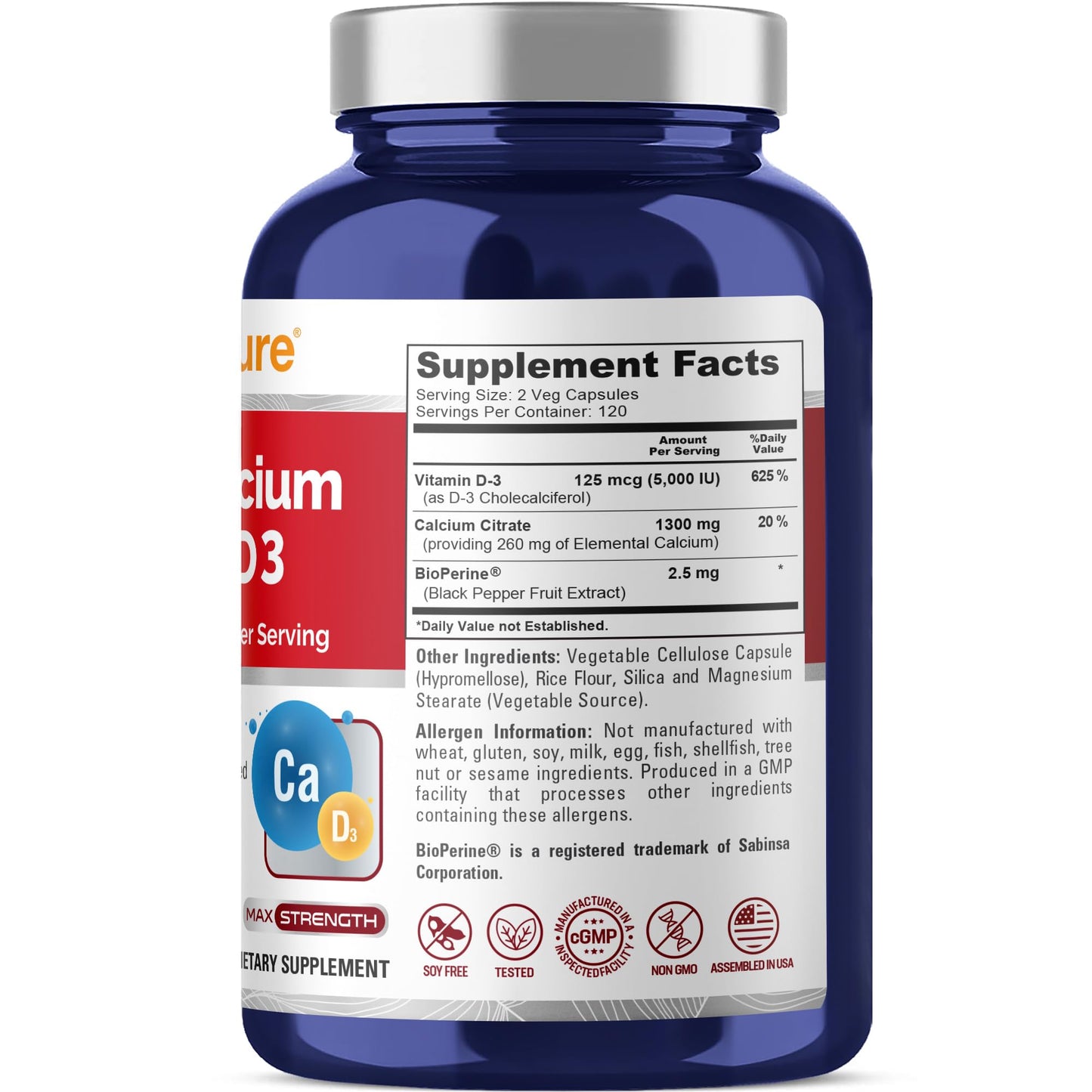 NusaPure Super Calcium with Vitamin D3 Non GMO 1300 mg, 240 Capsules