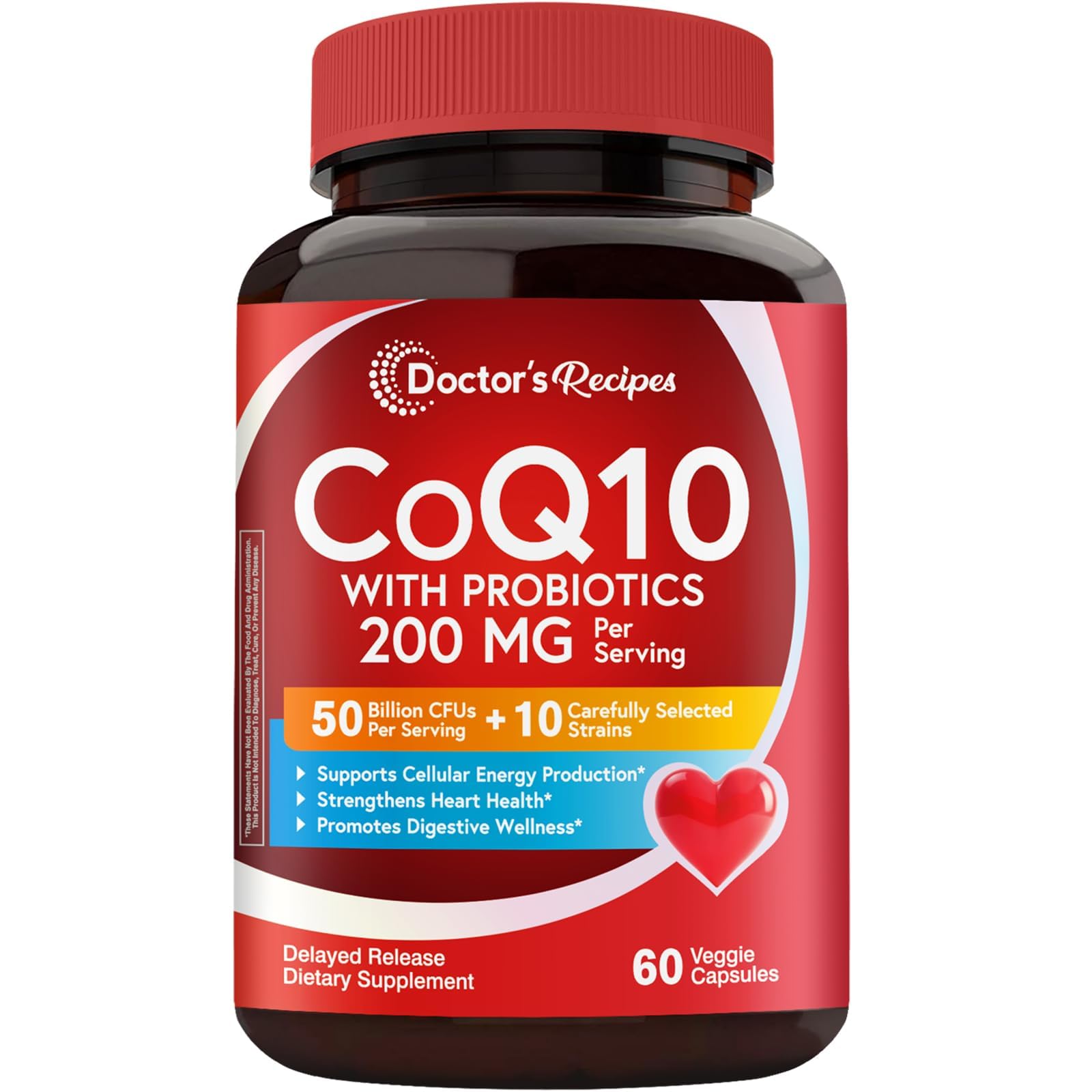 Doctor's Recipes CoQ10 with Probiotics 200 mg, 50 Billion CFUs from 10 Strains Per Serving, Bioavailable Ubiquinone for Heart & Gut, 60 Vegan Capsules, Non-GMO