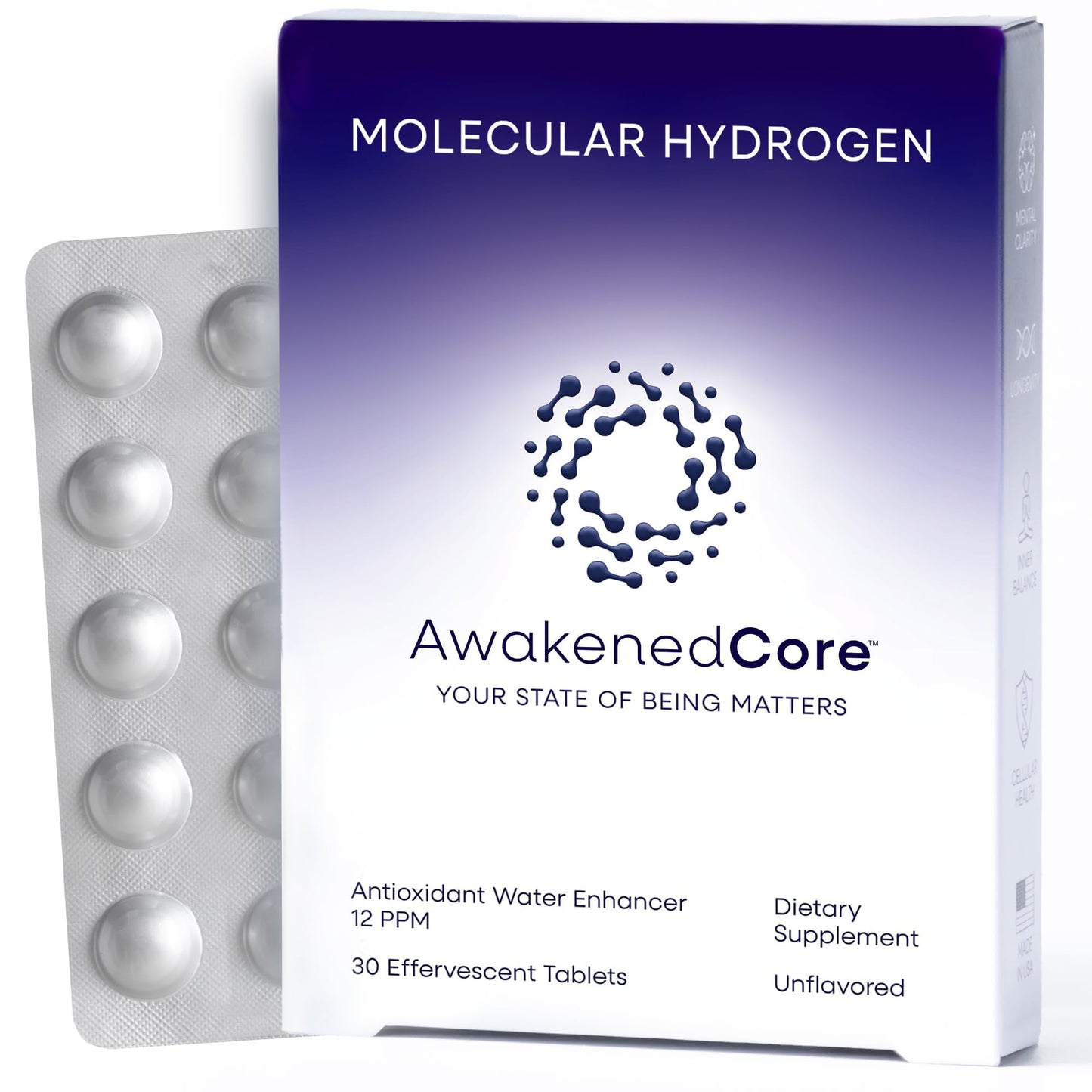 AwakenedCore Hydrogen Water Tablets - Molecular H2 Magnesium 12 PPM - Supports Energy, Recovery & Cognitive Function - Antioxidant Cellular Health, 30 Tablets