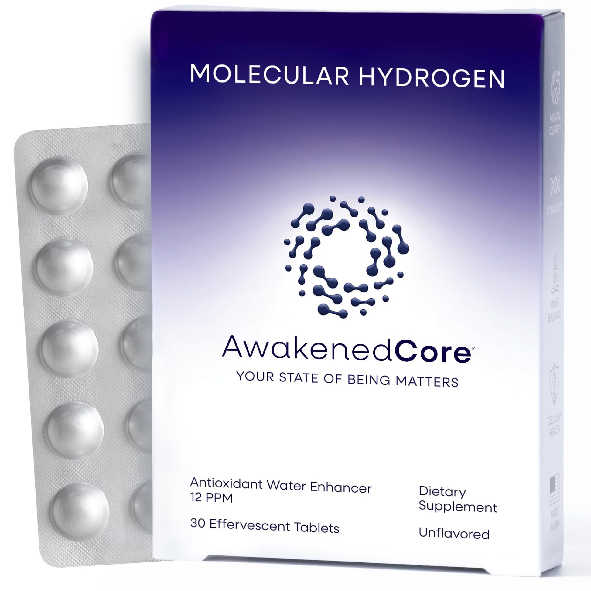 AwakenedCore Hydrogen Water Tablets - Molecular H2 Magnesium 12 PPM - Supports Energy, Recovery & Cognitive Function - Antioxidant Cellular Health, 30 Tablets