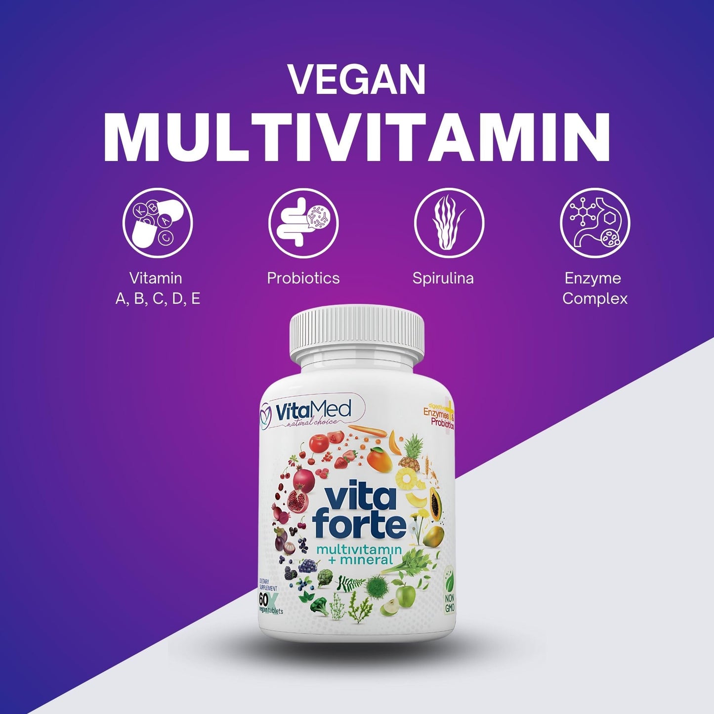 VitaMed Vita Forte Vegan Multivitamin with Probiotics, Digestive Enzymes & 42 Fruits & Vegetables Tablets, 60 Count