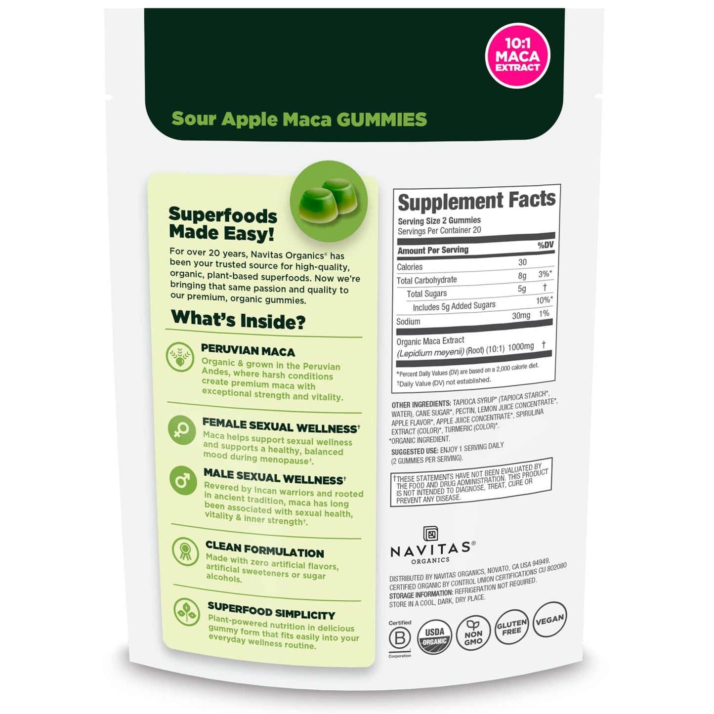Navitas Organics Sour Apple Maca Gummies 10:1 Maca Extract, 40 Count