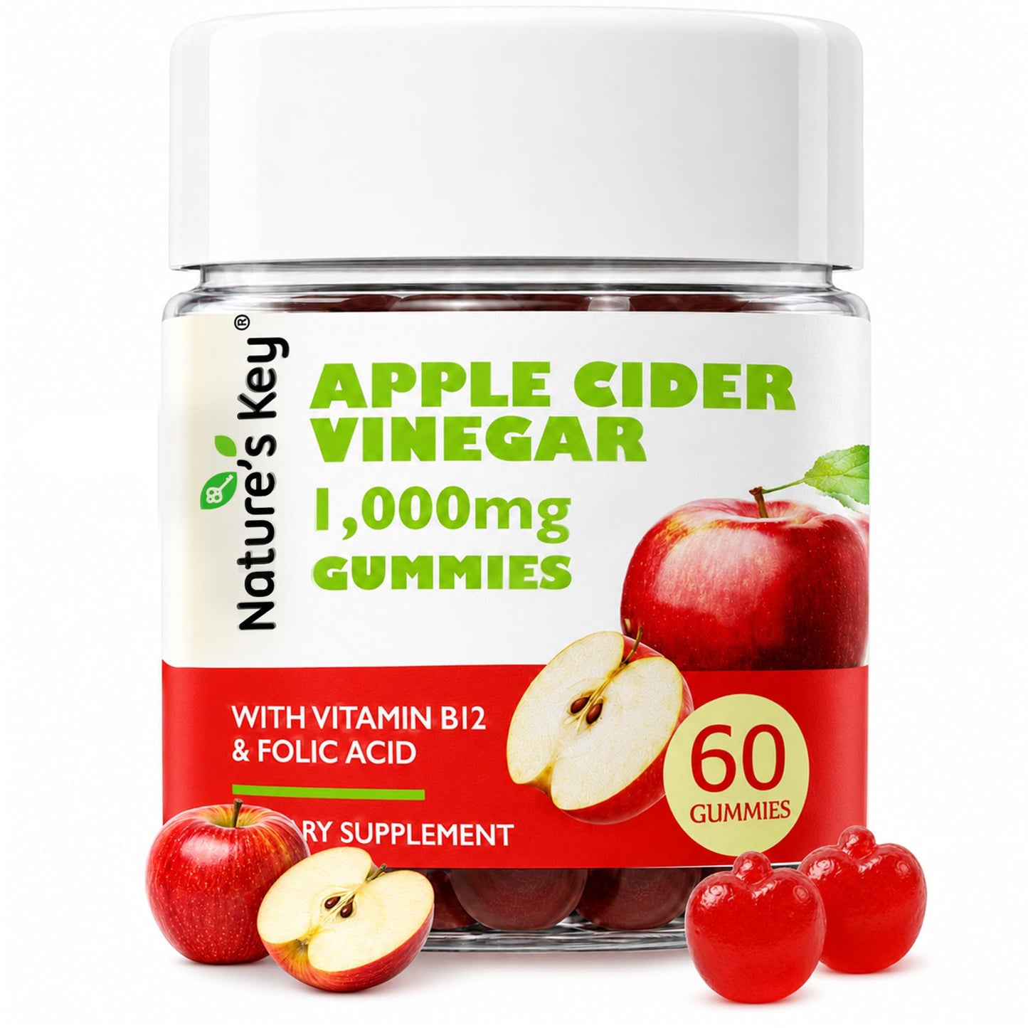 Nature's Key Apple Cider Vinegar Gummies 1000mg ACV, 60 Count