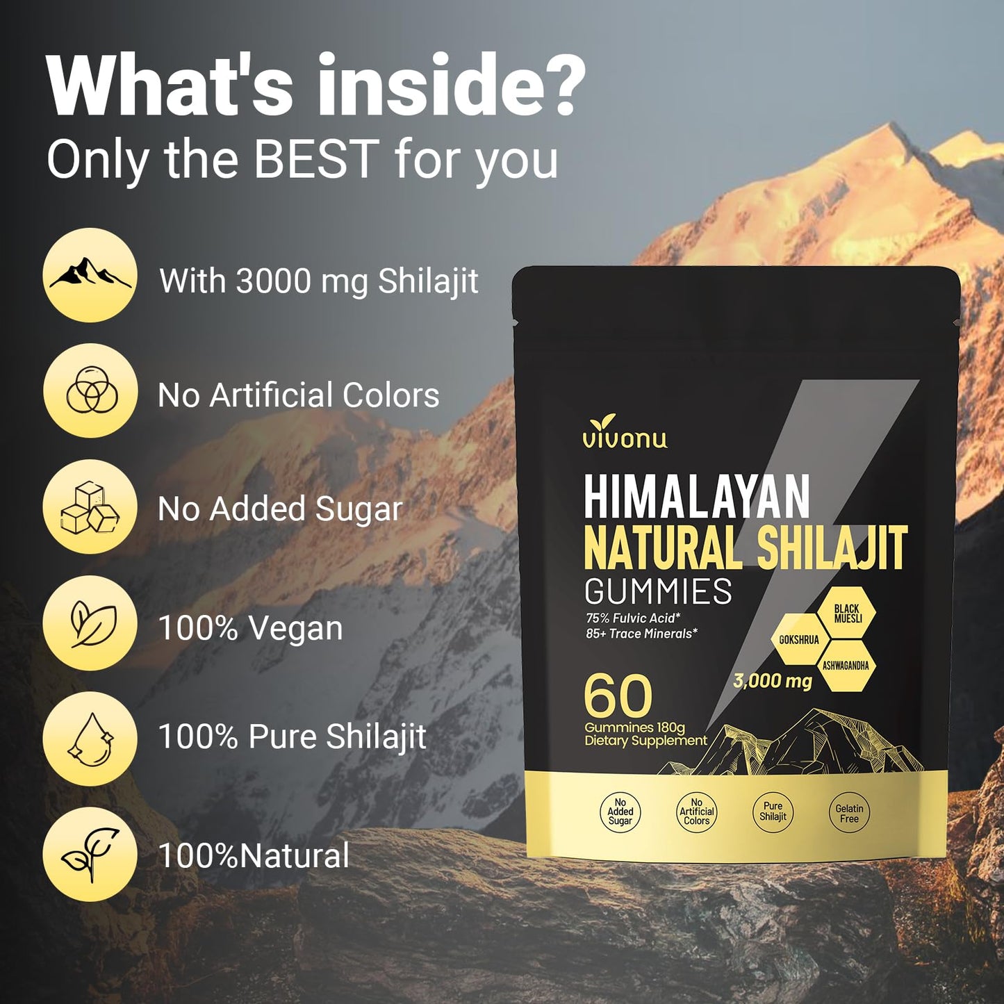 VivoNu Shilajit Gummies with Ashwagandha & Gokshura, 60 Gummies
