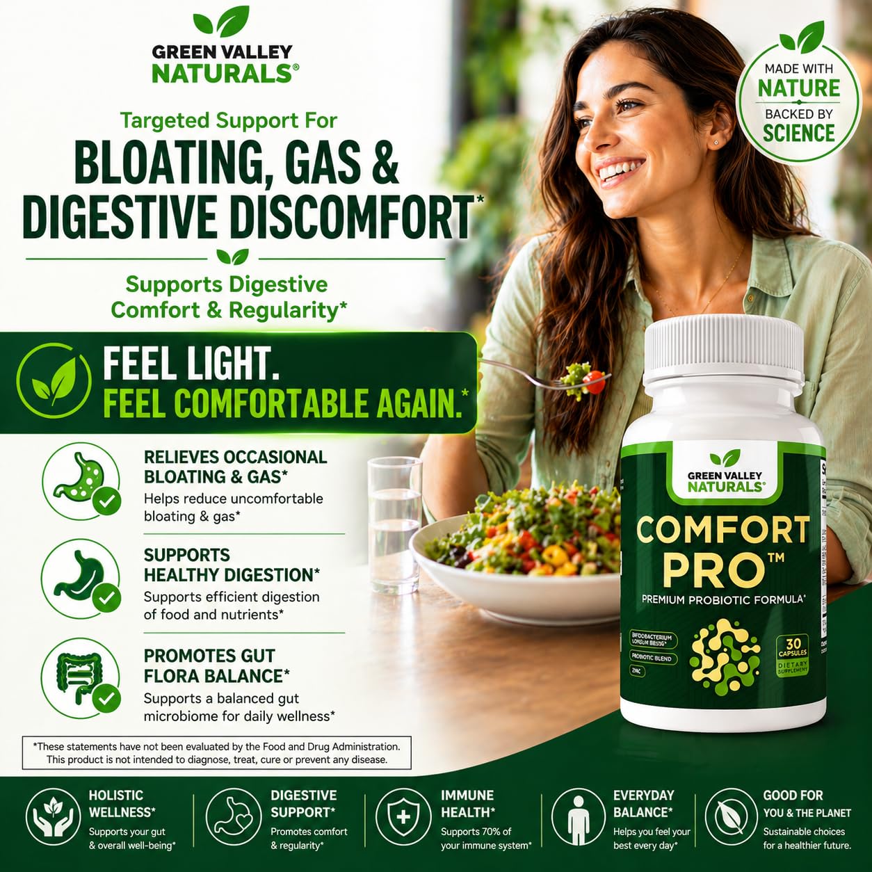 GREEN VALLEY NATURALS ComfortPro Daily Probiotics for Digestive Health, 60 Capsules