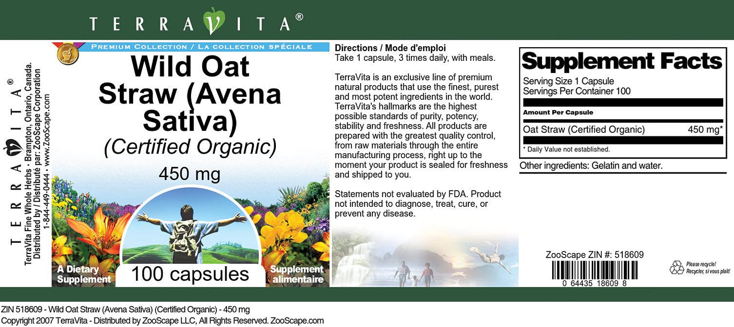 Terravita Wild Oat Straw (Avena Sativa) Certified Organic 450 mg Capsules 300