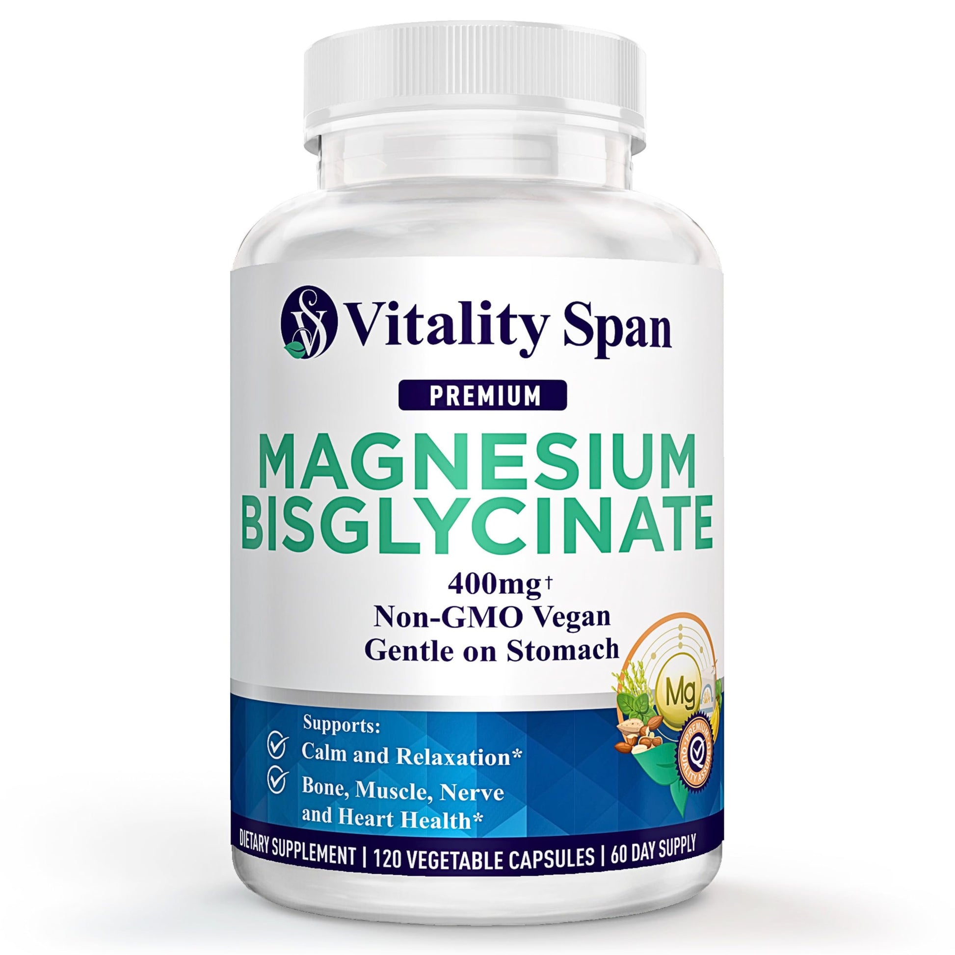 Vitality Span Magnesium Glycinate 400mg Capsules, 120 Count