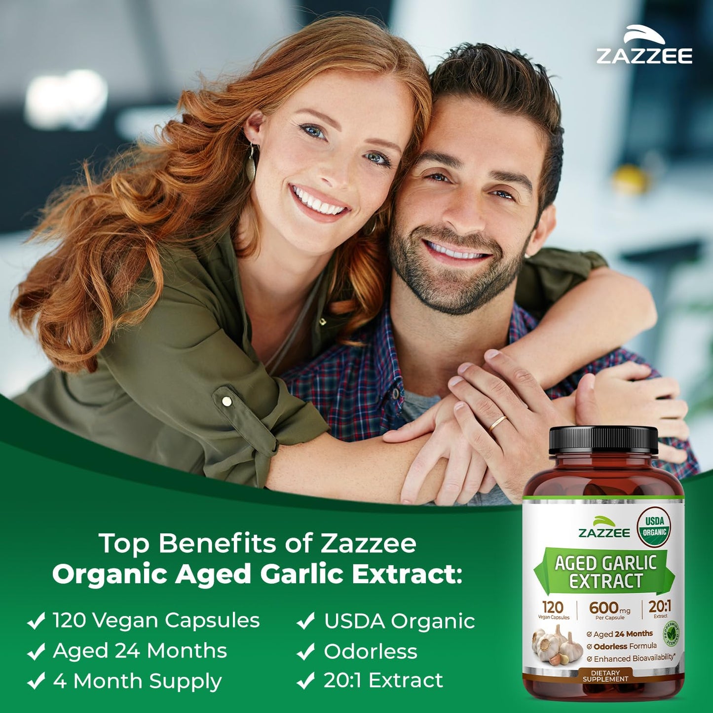 Zazzee USDA Organic Aged Garlic 20:1 Extract, Aged 24 Months, Odorless, 120 Capsules