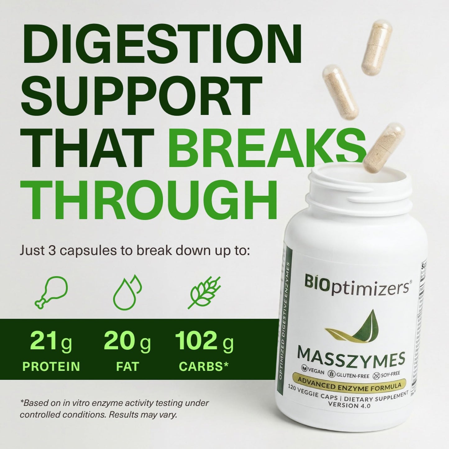 BIOptimizers MassZymes Complete Digestive Enzymes Supplement for Gut Health 120 Capsules