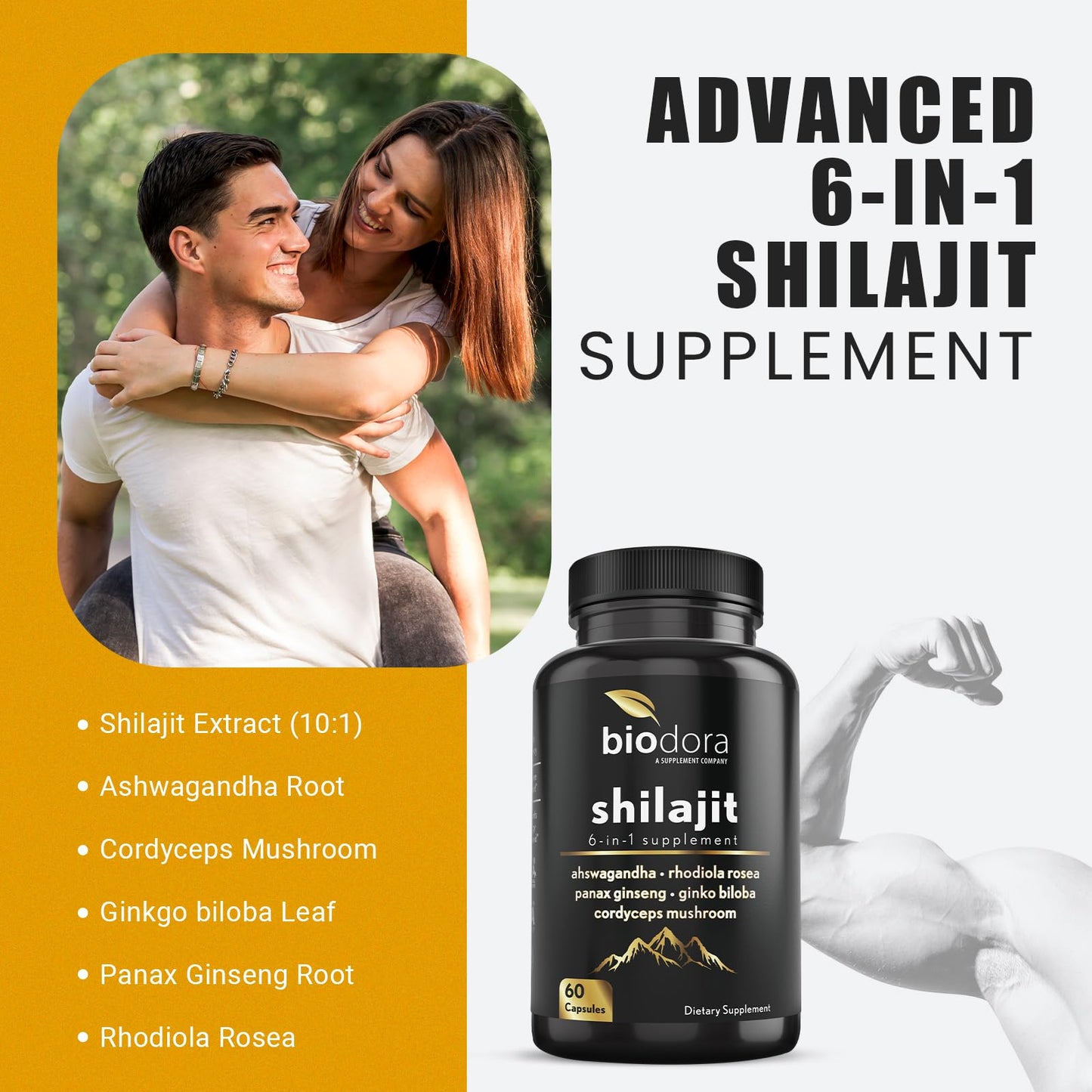 Biodora 6-in-1 Shilajit Supplement 300mg Capsule, 60 Count