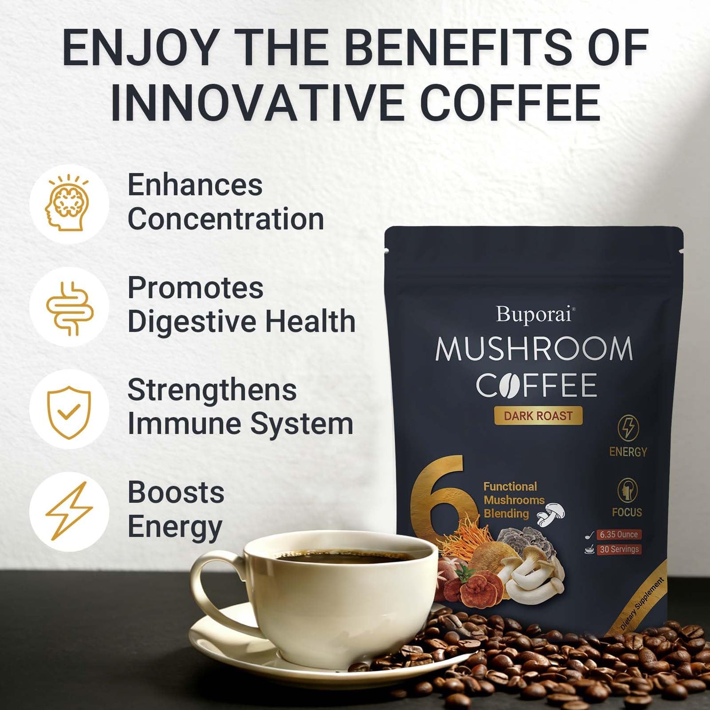 Buporai Mushroom Coffee Dark Roast Instant Powder with 6 Mushrooms Lion’s Mane, Cordyceps, Turkey Tail for Energy, Focus, Digestion, Immunity 6.35 oz