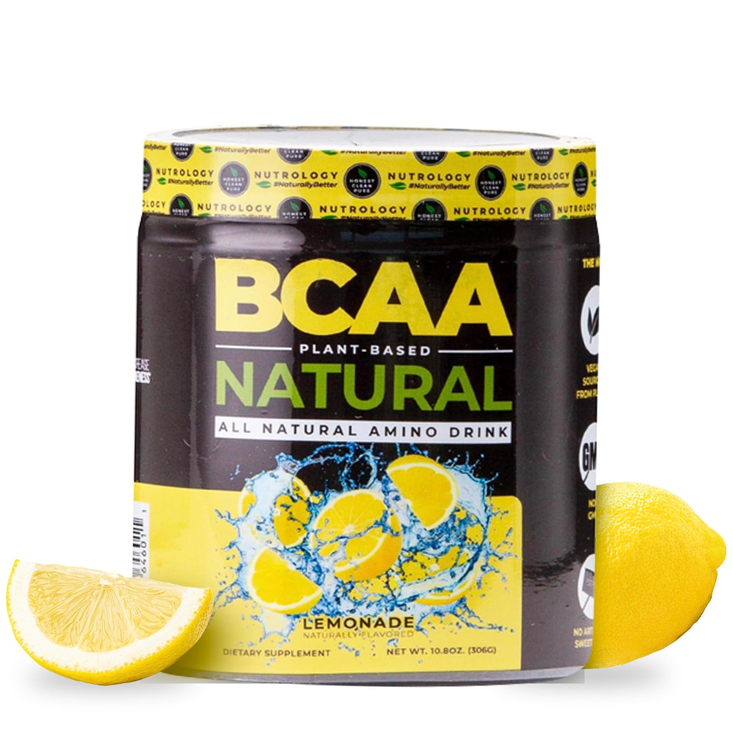 Nutrology BCAA Natural Plant Based Powder Lemonade Flavor, 2:1:1 Amino Acids Ratio, Pre- and Post-Workout Recovery, Vegan, Gluten-Free, Non-GMO, 30 Servings
