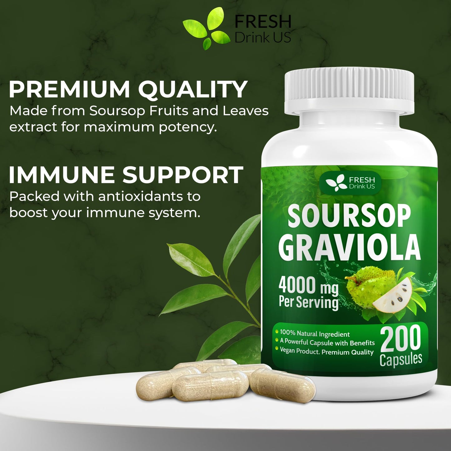 FRESHDRINKUS Premium Soursop Capsules, 200 Count