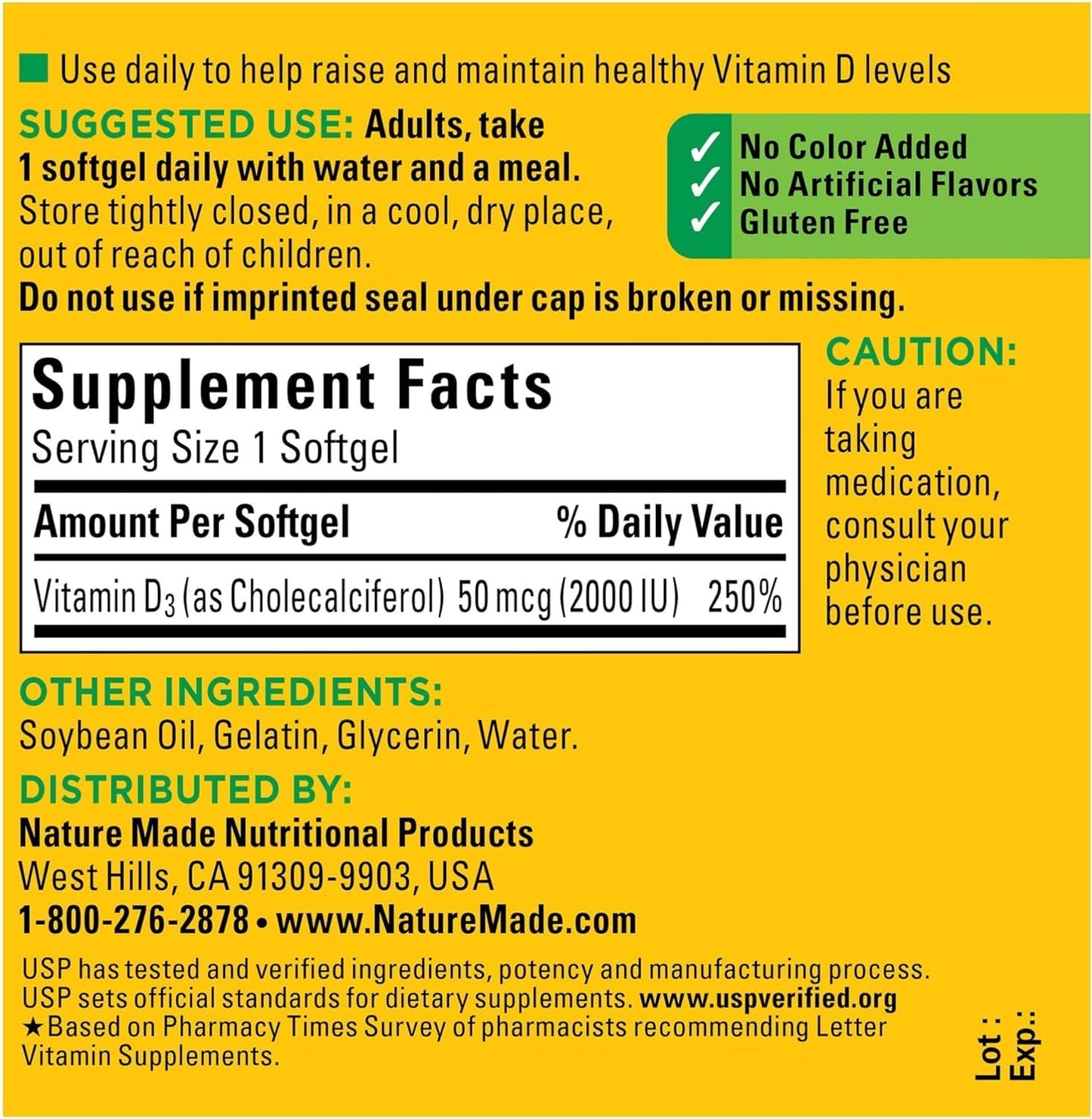 Nature Made Vitamin D3 2000 IU Softgels, 180 Softgels