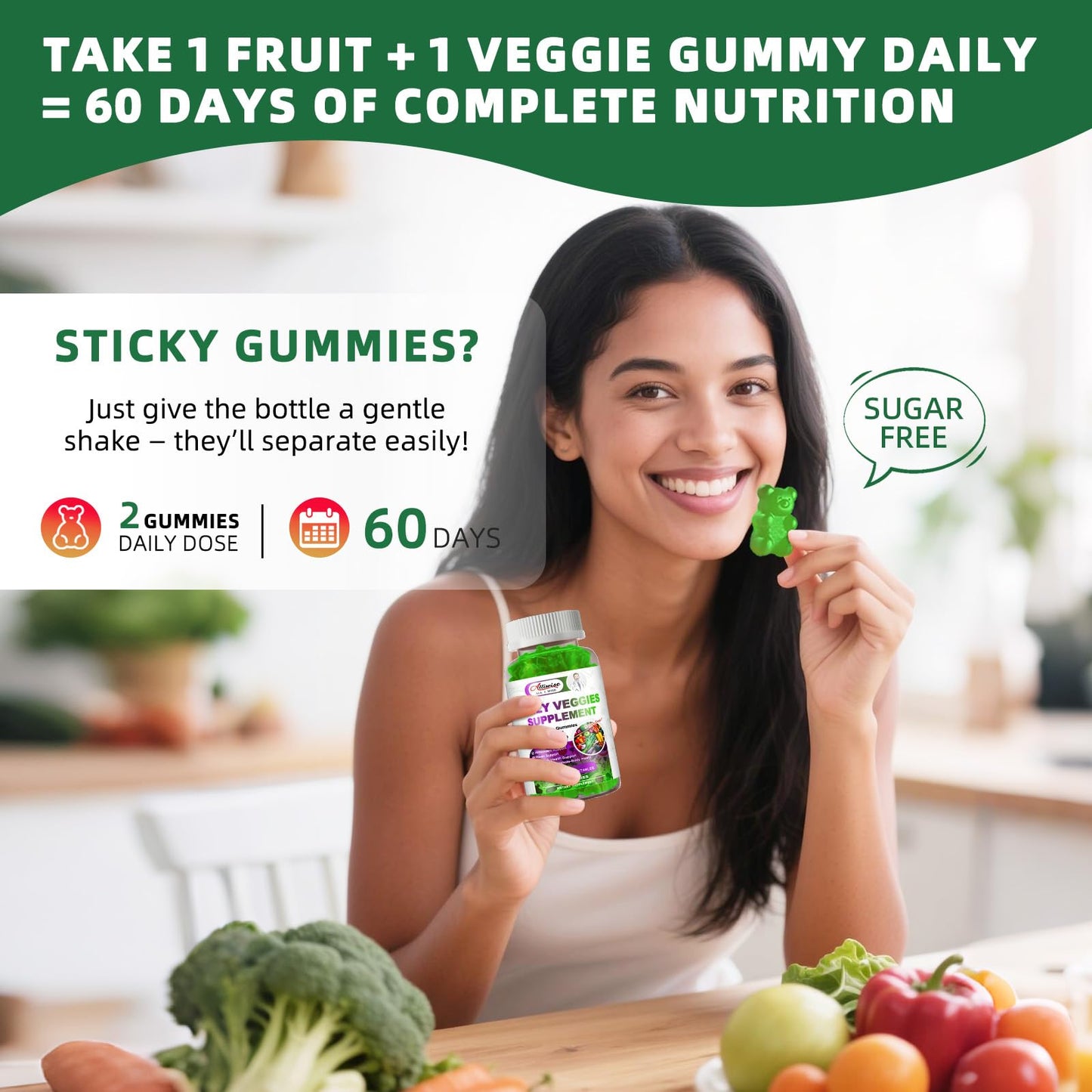 Alliwise Sugar-Free Fruits & Veggies, Super Greens with 23 Fruits & 25 Veggies, Multivitamin Minerals & Fiber, Vegan Fruit & Vegetable Supplement for Adults, 120 Gummies
