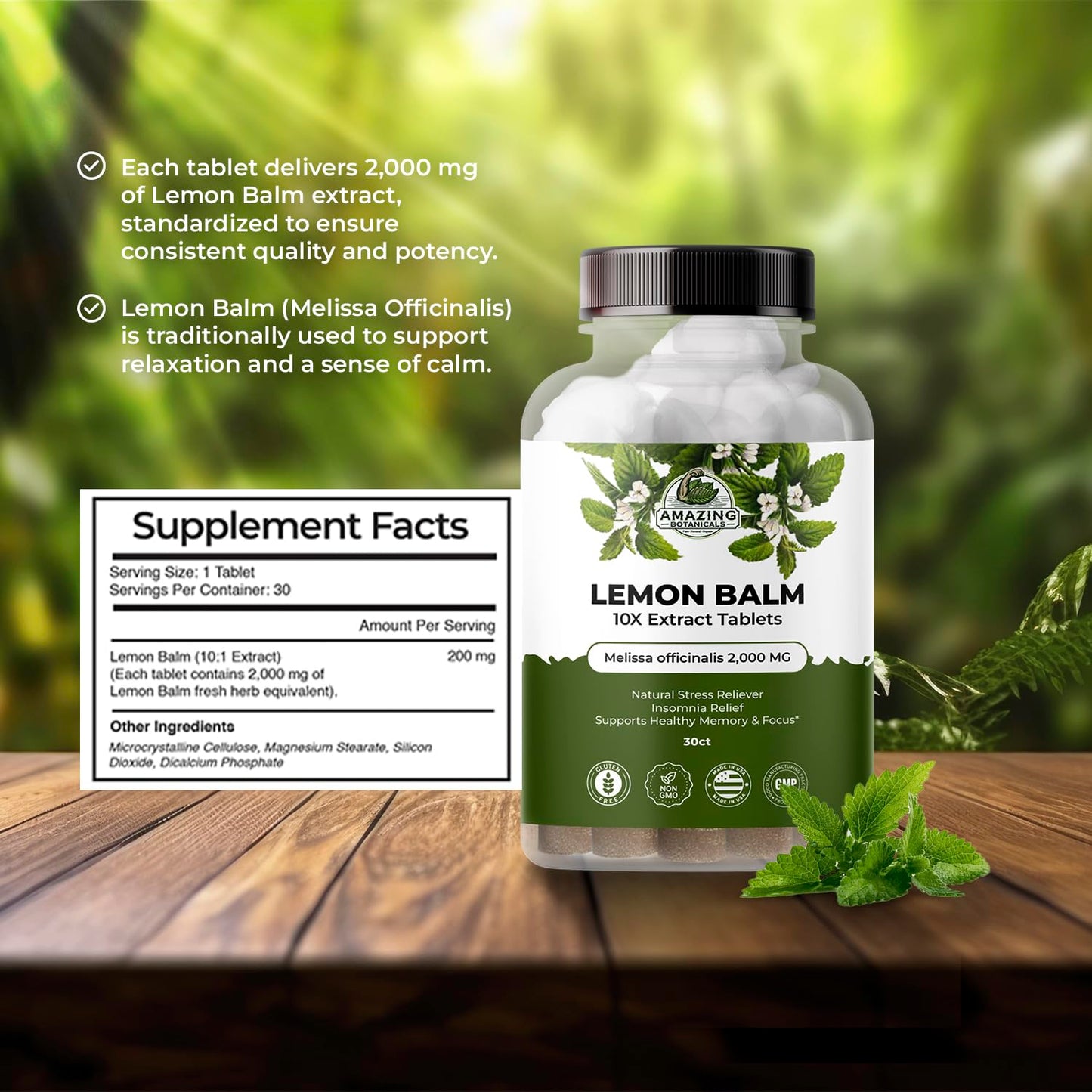 Amazing Botanicals Lemon Balm 10X Extract Tablets 200 mg per Serving Melissa Officinalis, Supports Calm and Relaxation, 30 Tablets
