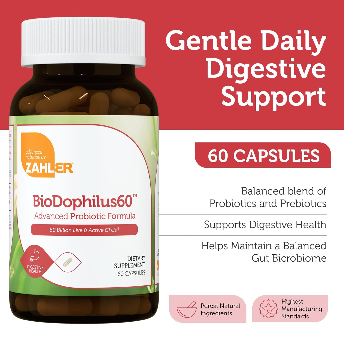 Zahler BioDophilus60 60 Billion CFU Probiotic + Prebiotic - 11 Strains Daily Probiotic Supplement - Kosher Probiotics for Women for Digestive Health, Probiotics for Men for Gut Health, 60 Capsules