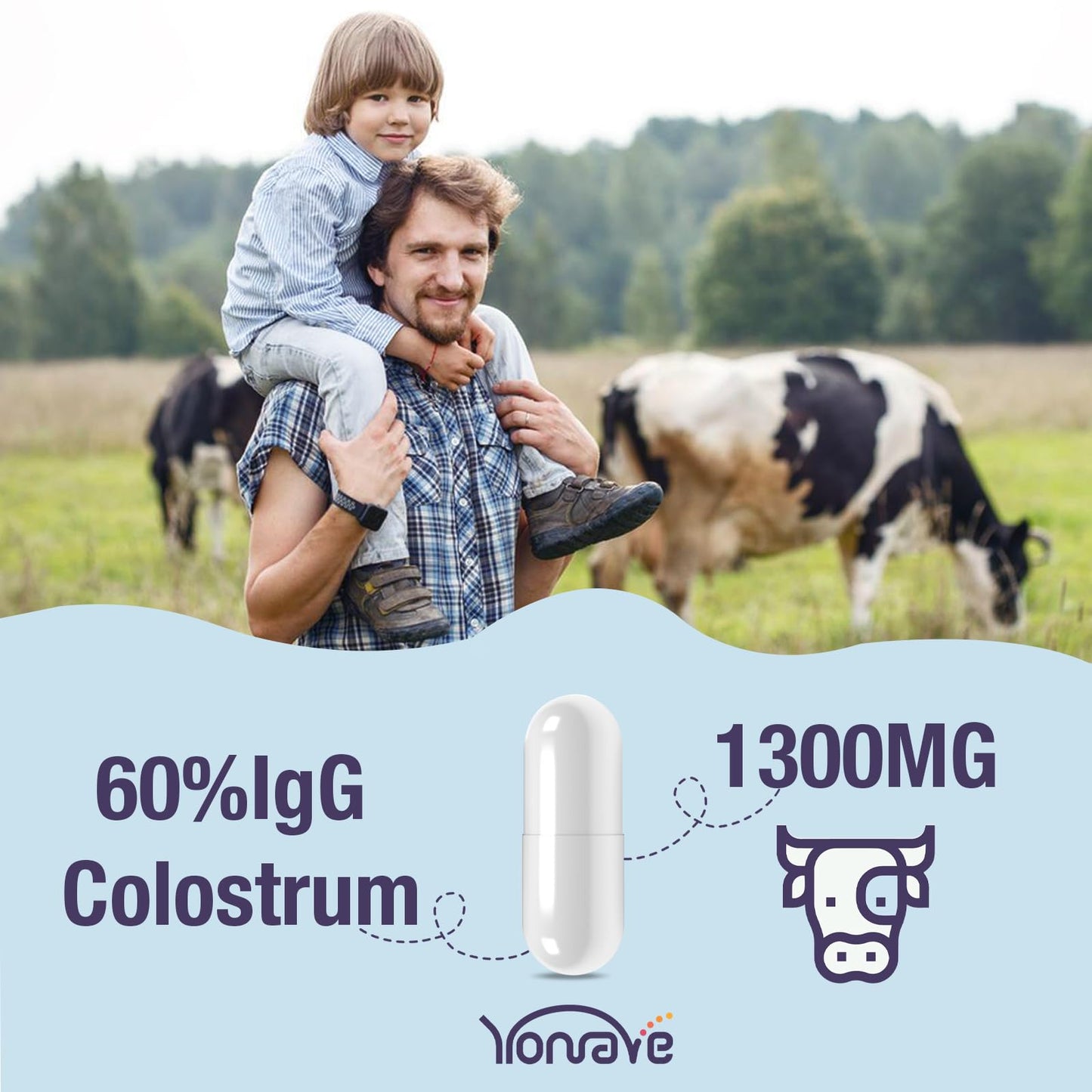 Yonrave Bovine Colostrum Capsules 1300mg (60% IgG), 120 Capsules