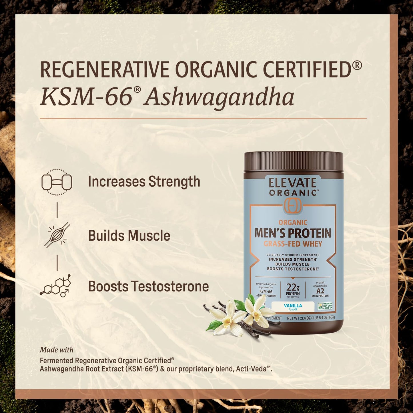 ELEVATE ORGANIC Men's Grass-Fed A2 Regenerative Whey Protein Powder 20.7 oz