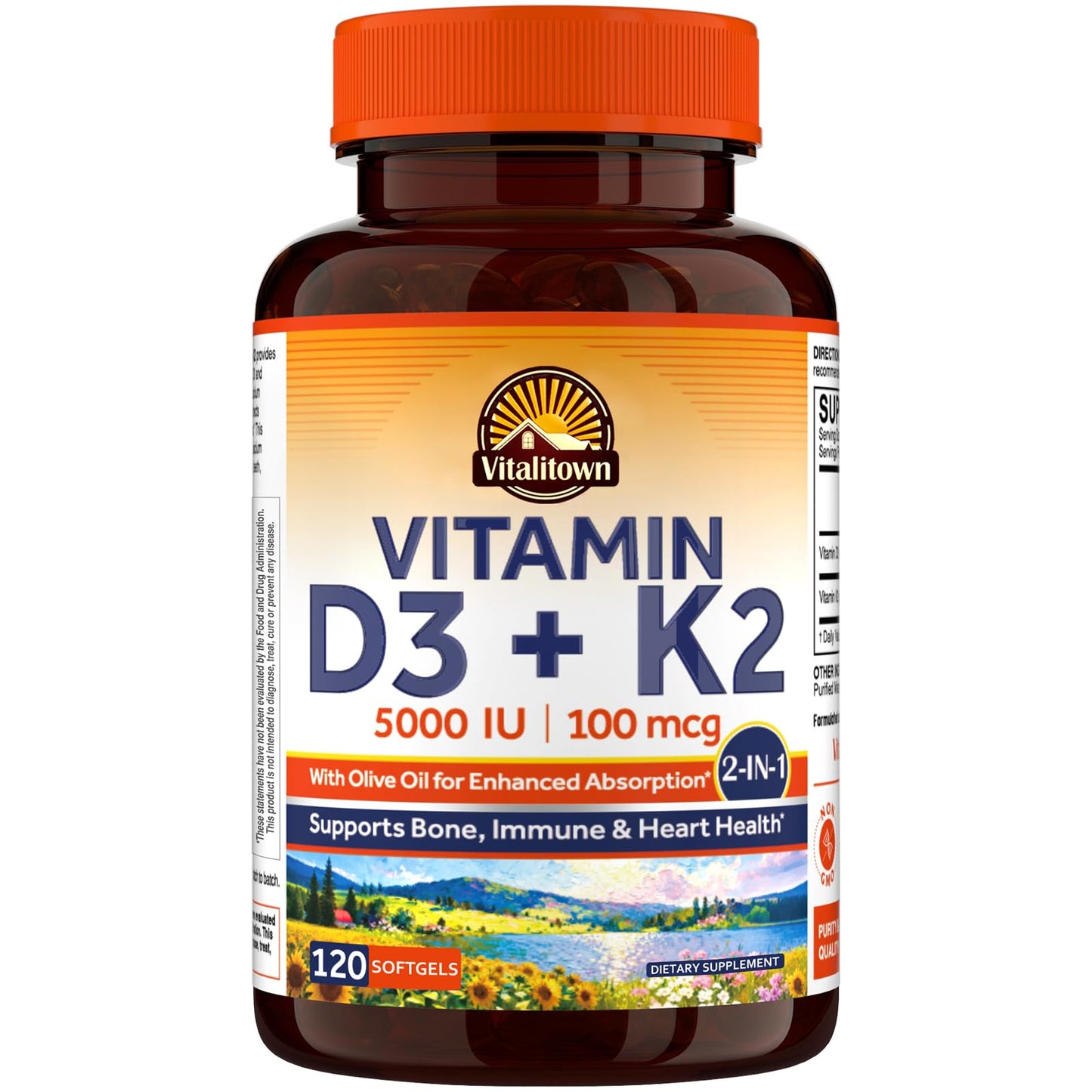Vitalitown Vitamin D3 K2 Supplement D3 5000 IU, Vitamin K2 MK-7 100 mcg Softgels 120