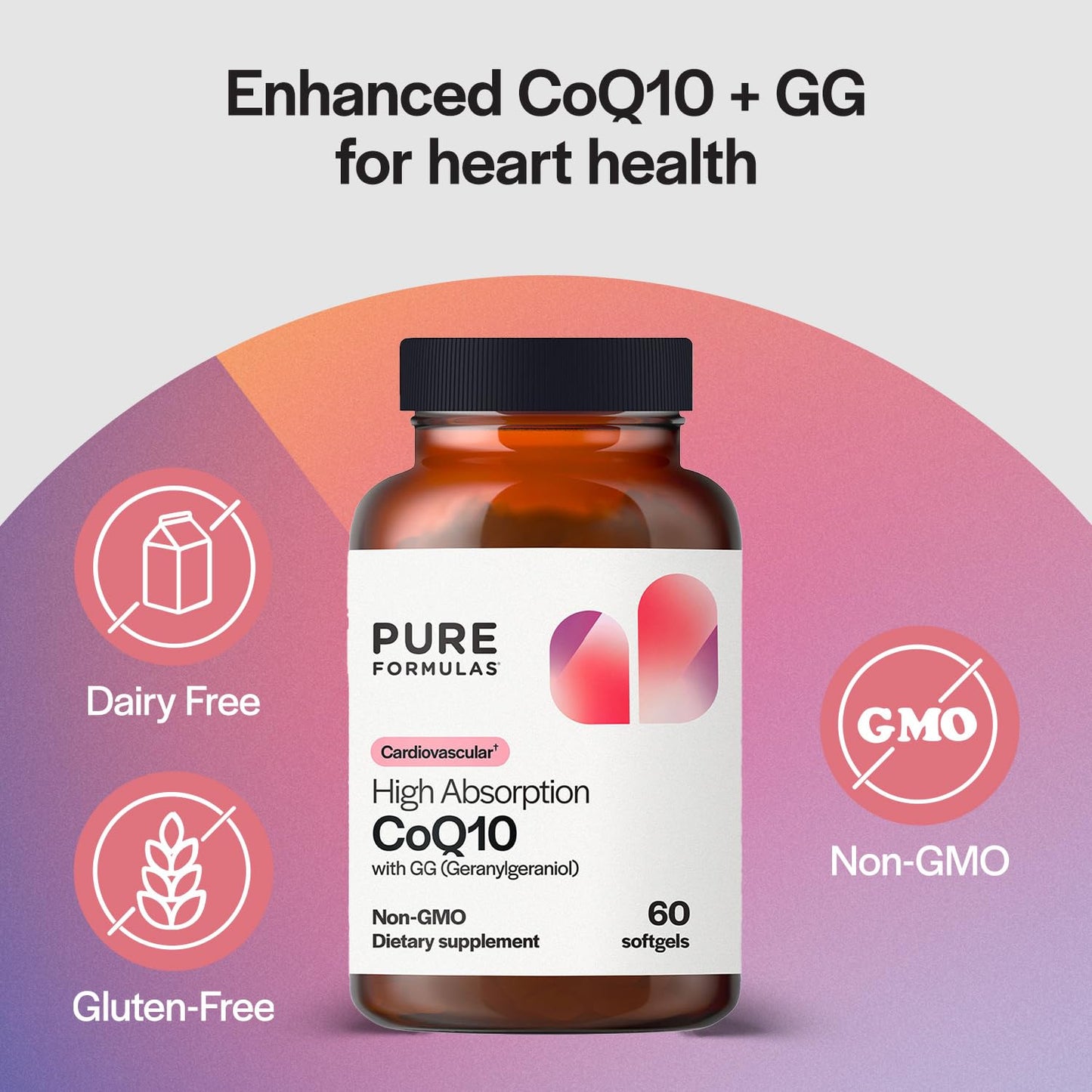 PureFormulas CoQ10 Supplement for Heart Health, Enhanced Absorption with Geranylgeraniol (gg-Gold), Dairy-Free, Gluten-Free, Non-GMO, Supports Cellular Energy & Mitochondrial Function, 60 Softgels