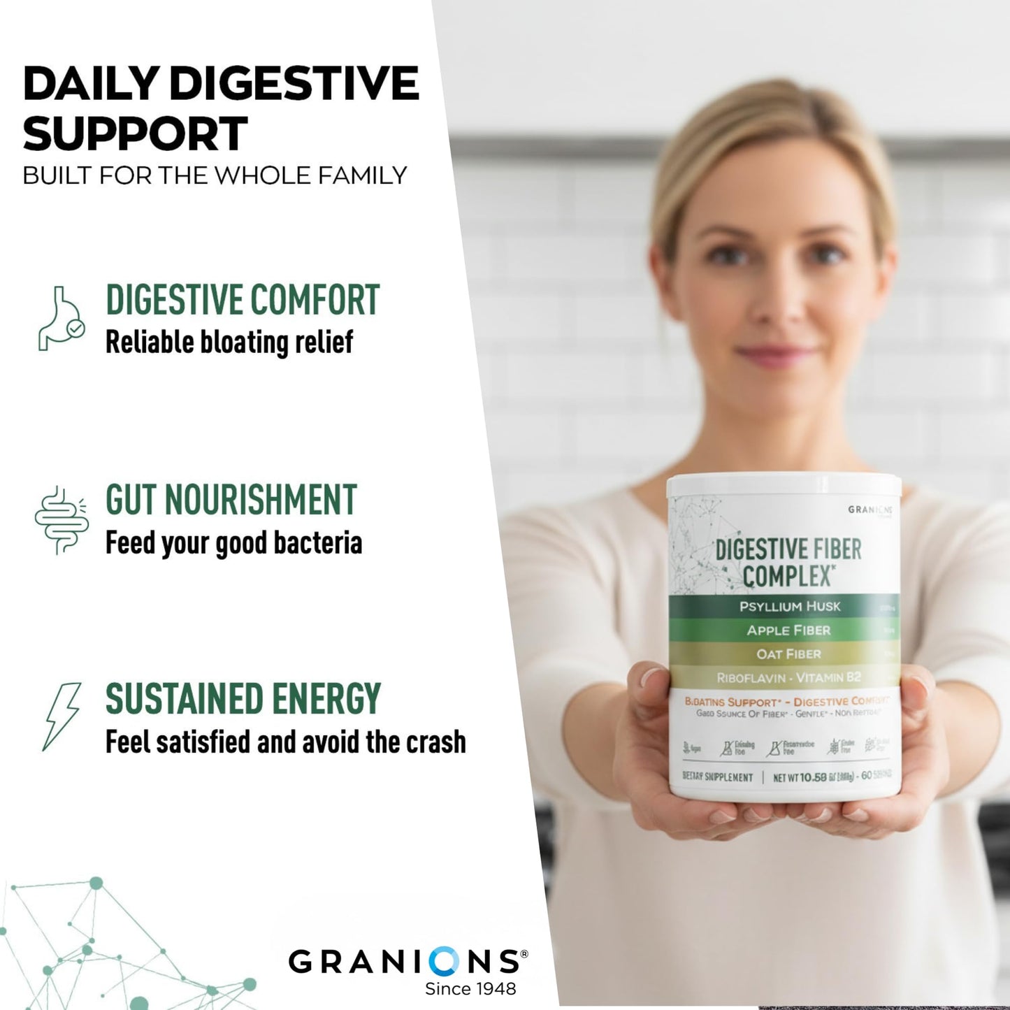 Granions Psyllium Husk 4in1 Digestive Fiber Supplement, Gut Health & Bloat Relief for Women and Men, Soluble & Insoluble Psyllium Husk Fiber, Vitamin B2, Vegan, Unflavored, Sugar-Free, 10.6 Ounce Powder
