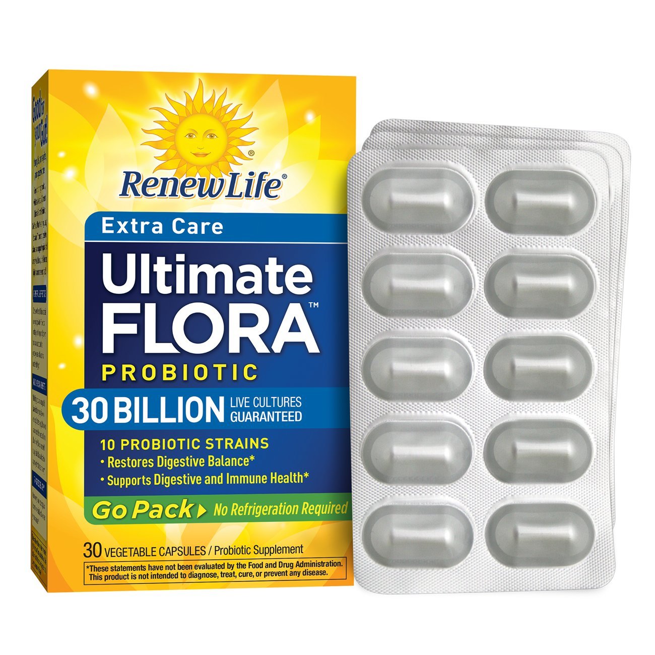 Renew Life Ultimate Flora Probiotic Extra Care Go Pack Vegetable Capsules, 30 Count