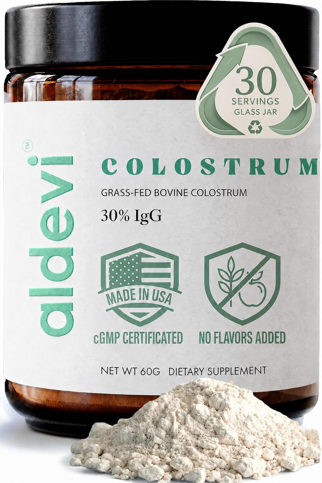 aldevi Bovine Colostrum, Grass-Fed & Pasture-Raised, Freeze-Dried, High IgG, Unflavored, Mixes Easily, Gut & Immune Support, Third-Party Tested, Powder, 2.1 Ounces