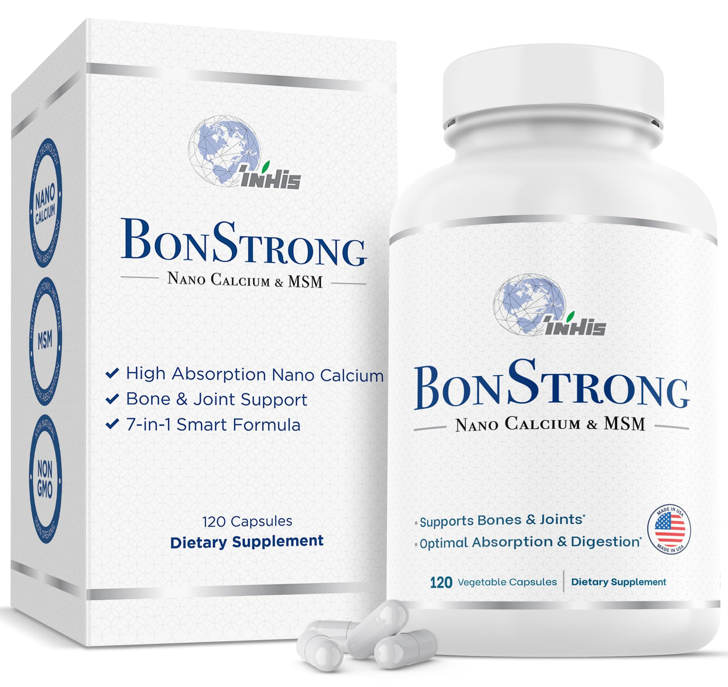 BonStrong Nano Calcium Supplement with MSM – 7-in-1 Bone Support Formula with Vitamin D3, K1, Magnesium & Zinc – 120 Capsules