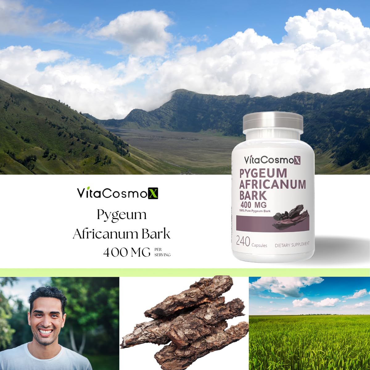 VitaCosmoX Pygeum Africanum Supplement Capsules 240 Count