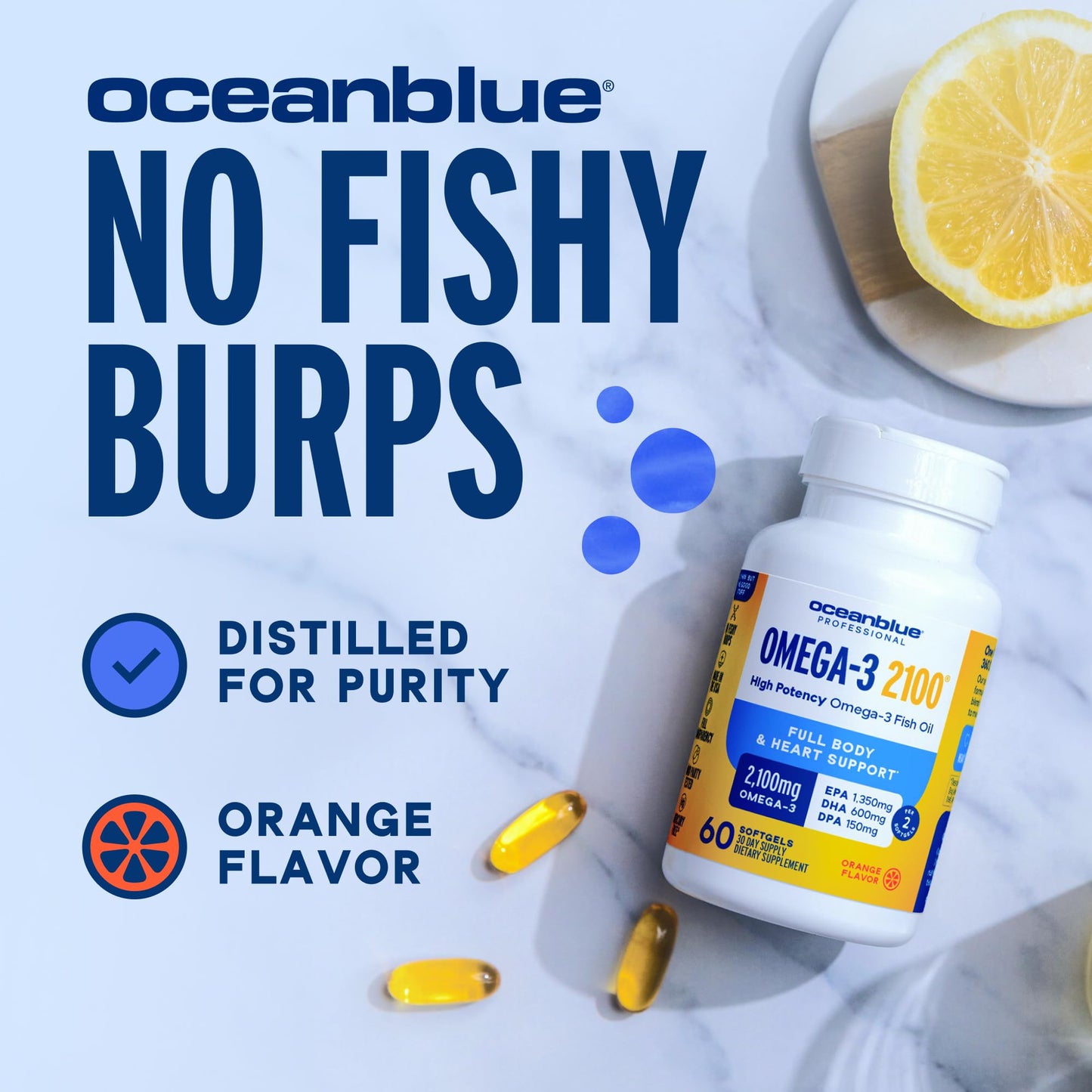 Oceanblue Omega-3 2100 Triple Strength DPA EPA DHA Burpless Wild Caught Fish Oil Orange Flavor Softgels 120