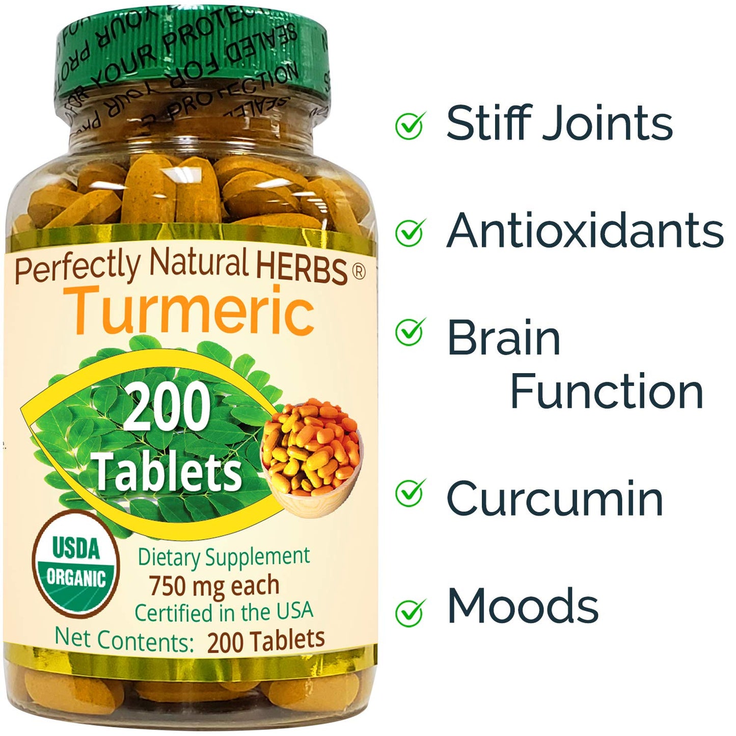 Perfectly Natural Herbs Organic Turmeric 750mg Tablets, 200 Count