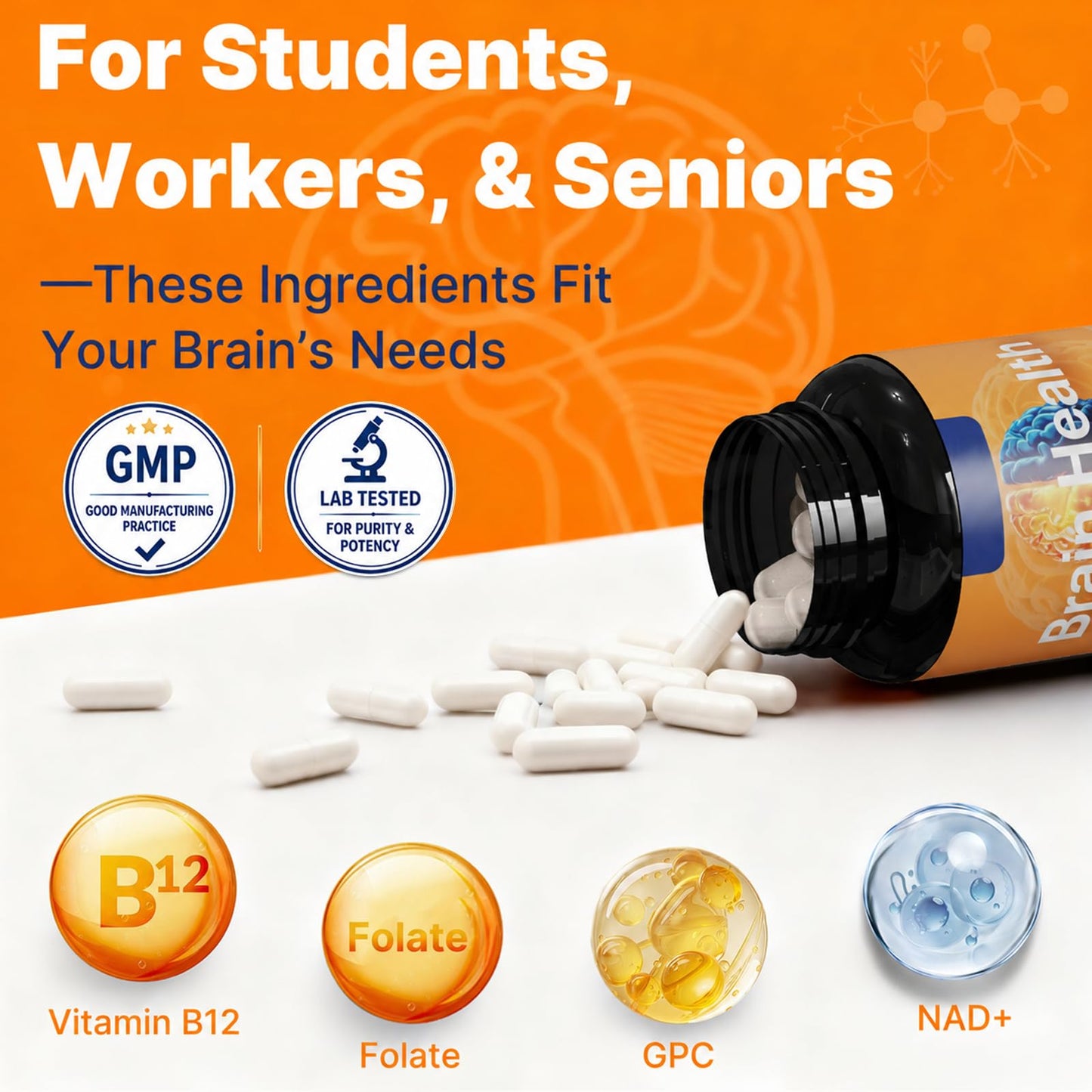 Dr. HR Brain Supplement for Memory and Focus with NAD+ GPC Folate & Vitamin B12 Capsule, 1 Count