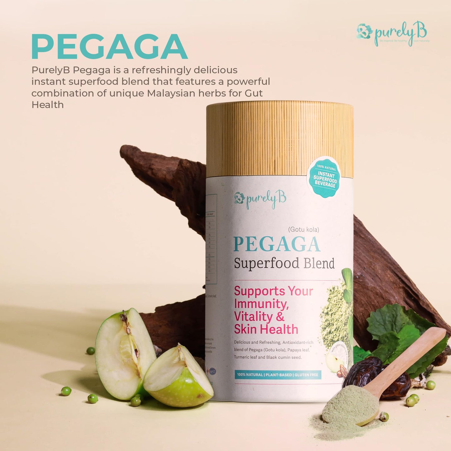 PurelyB Pegaga (Gotu Kola) Herbal Superfood Blend Green Apples & Dates Powder, 60 Servings