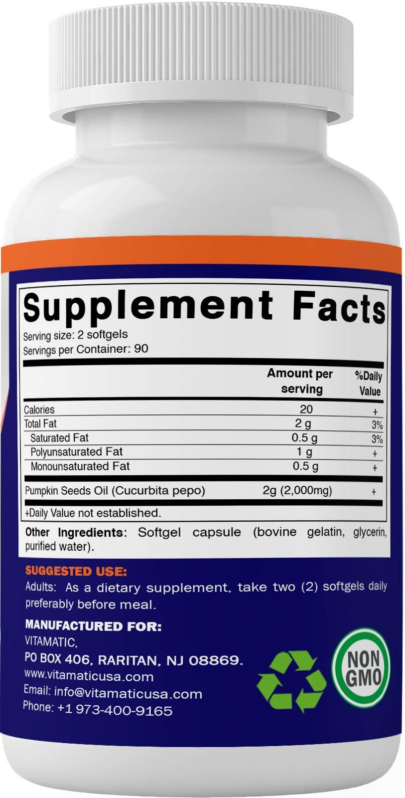 Vitamatic Pumpkin Seed Oil 2000 mg per Serving Softgel, 180 Softgels