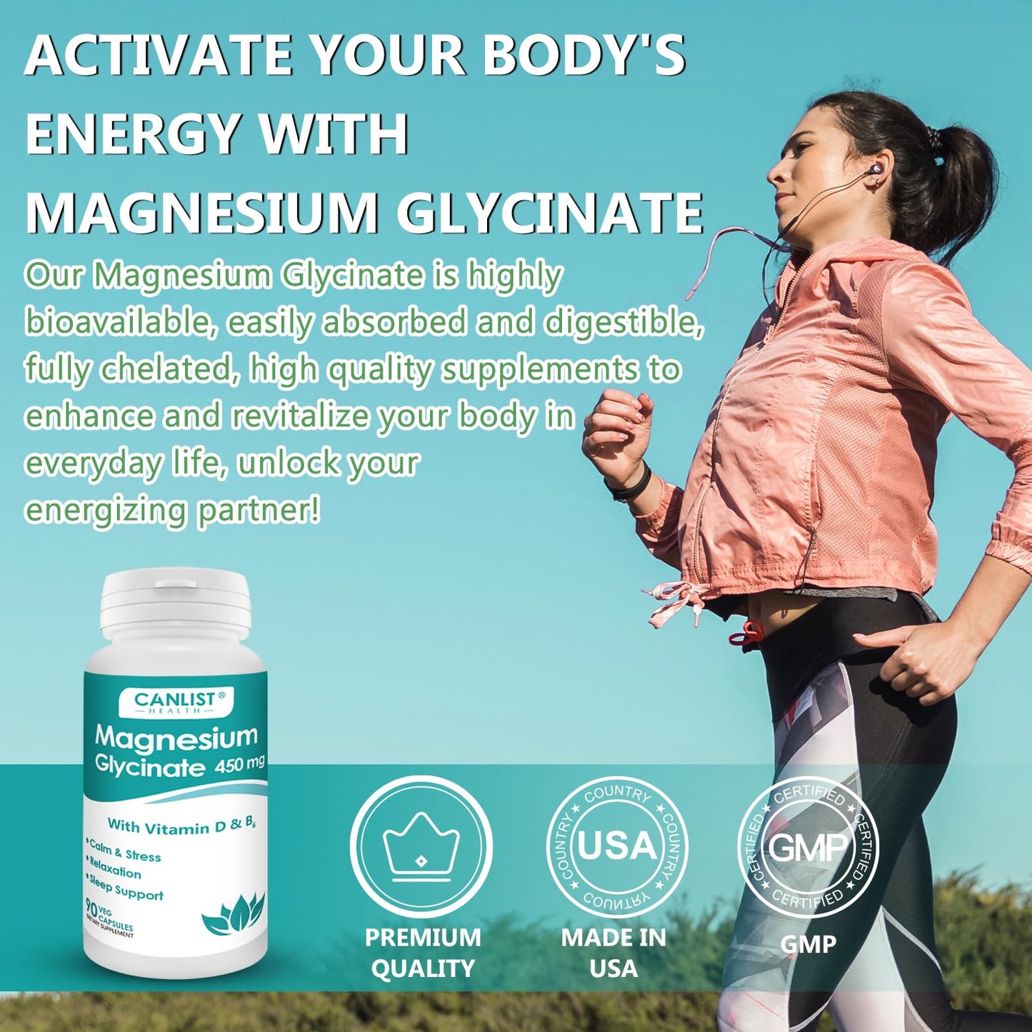 CANLIST Magnesium Glycinate Capsules 450mg, 90 Count