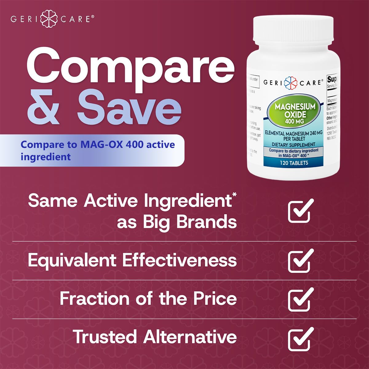 GeriCare Magnesium Oxide Supplement 240 mg Elemental Magnesium Tablet, 120 Count